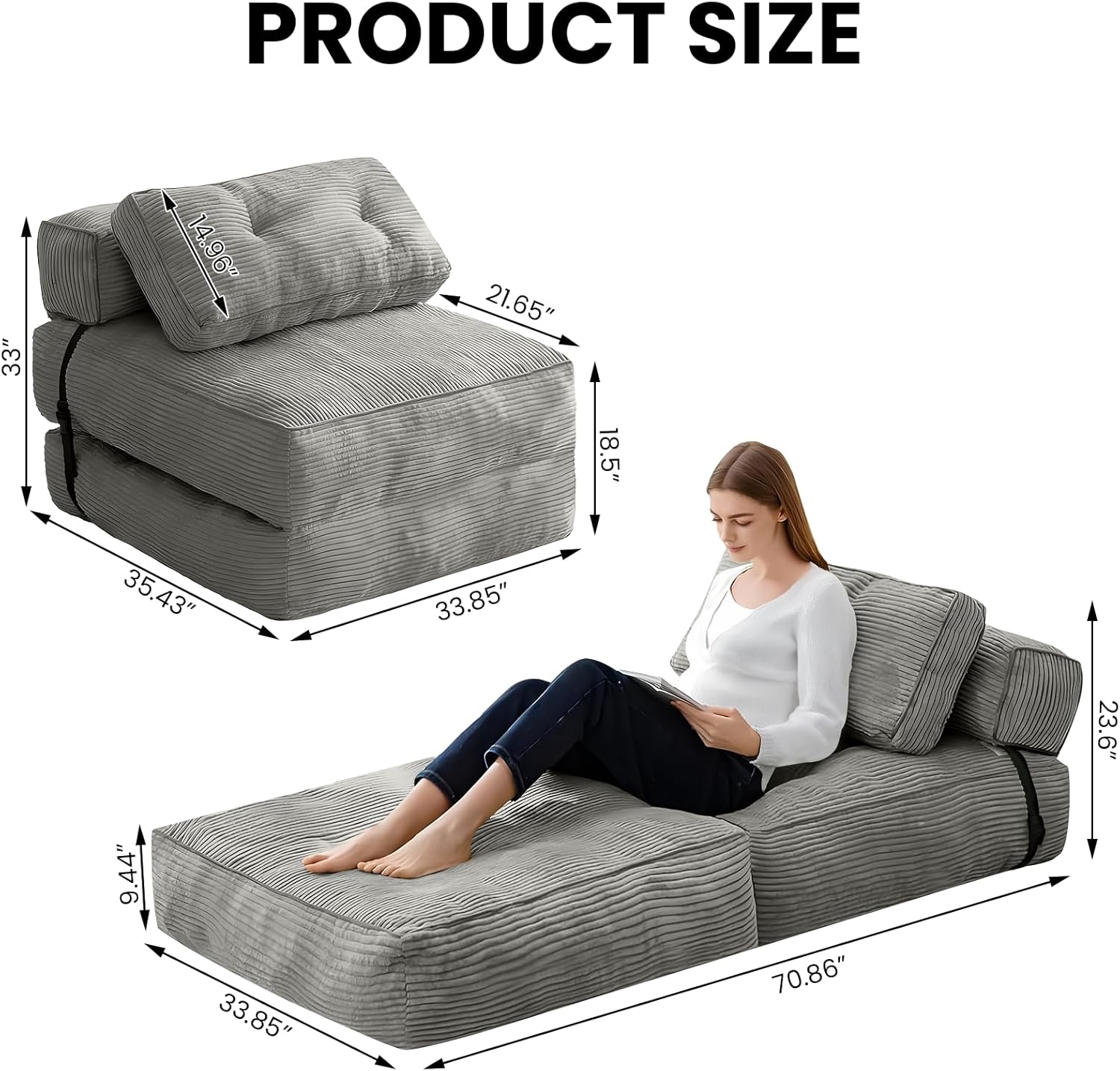 tantohom Folding Sofa Bed, Convertible Sleeper Chair with Pillow Foldable Mattress with Back Support,Space-Saving Sofa for Living Room,Bedroom (Gray)