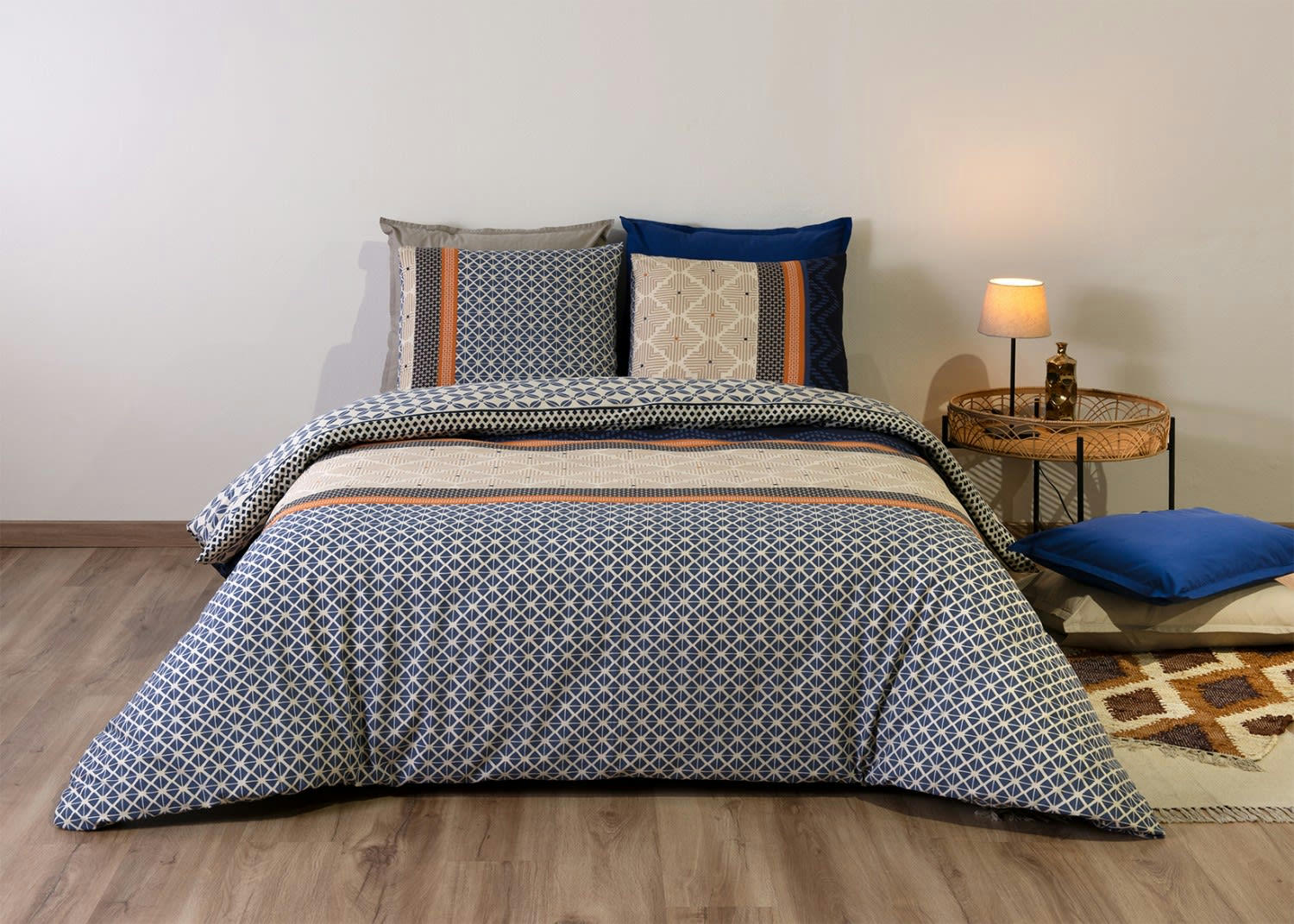 NOE - Parure housse de couette percale de coton bleu 240x260 cm