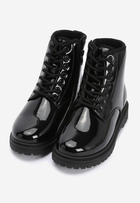 Girls Black Patent Lace Up Boots