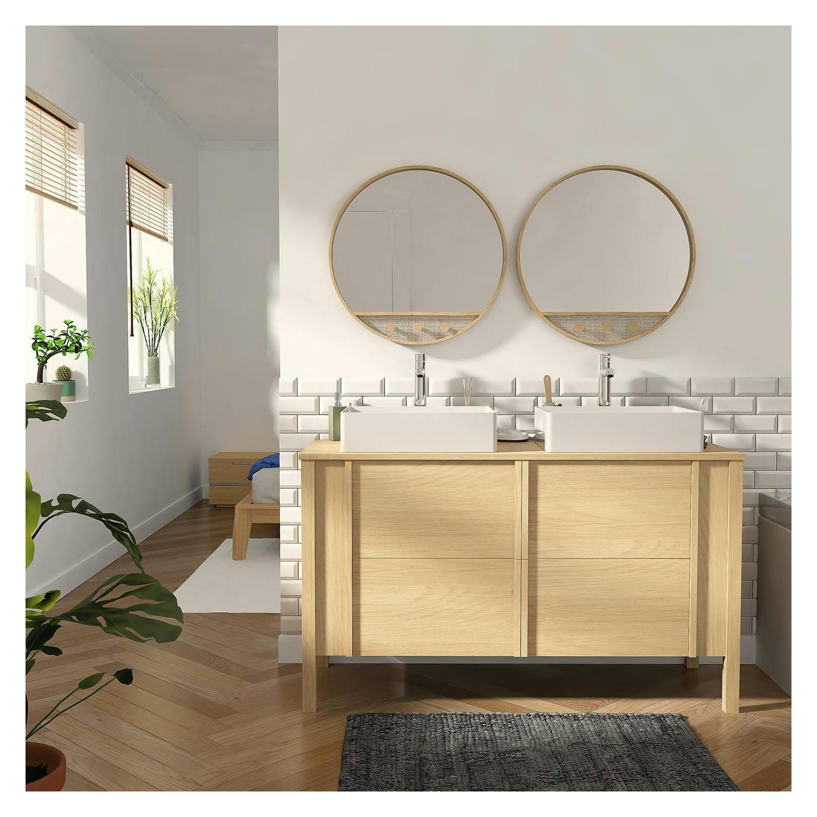 NESTO - Meuble double vasque 130cm chêne  + vasque + robinet + miroir