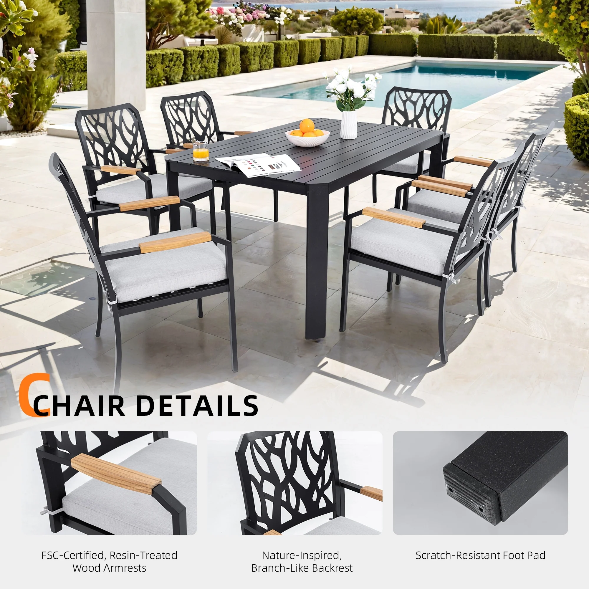 Outdoor Patio K/D Aluminum Stationary Dining Chairs 2Pcs With Outdoor-Grade Sunbrella Fabric Cushions (Excluding the table)