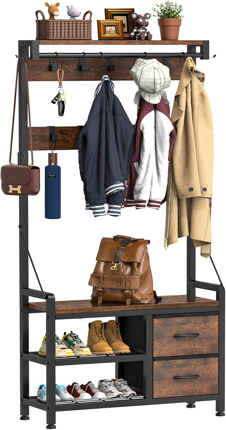 Lulive Hall Tree, 31.5” Entryway Bench with Coat Rack freestanding, 5 in 1 Intelligent Design Shoe Bench and Wall Rack 17 Hooks and Drawers (Rustic Brown)