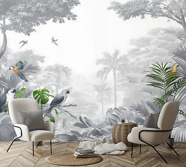 Papier Peint Panoramique Intissé Jungle Perroquets Gris - 350x250 cm - Papier Peint Chambre et salon