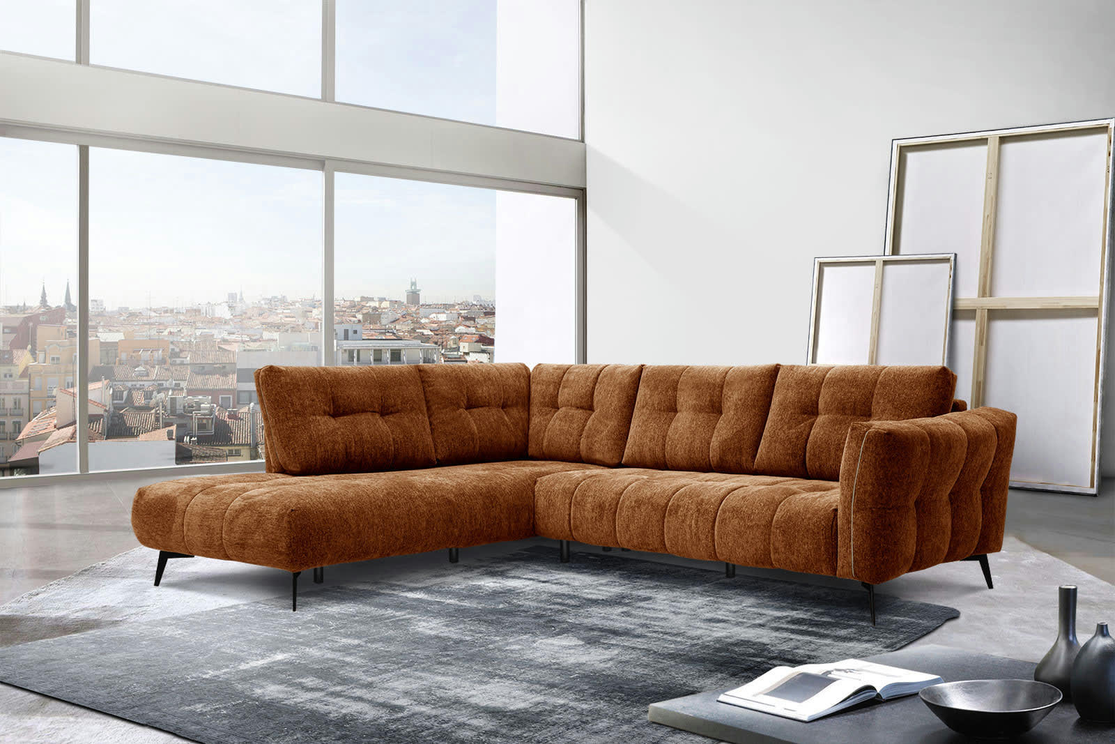 KALMER - Canapé d'angle gauche 5 places tissu brique