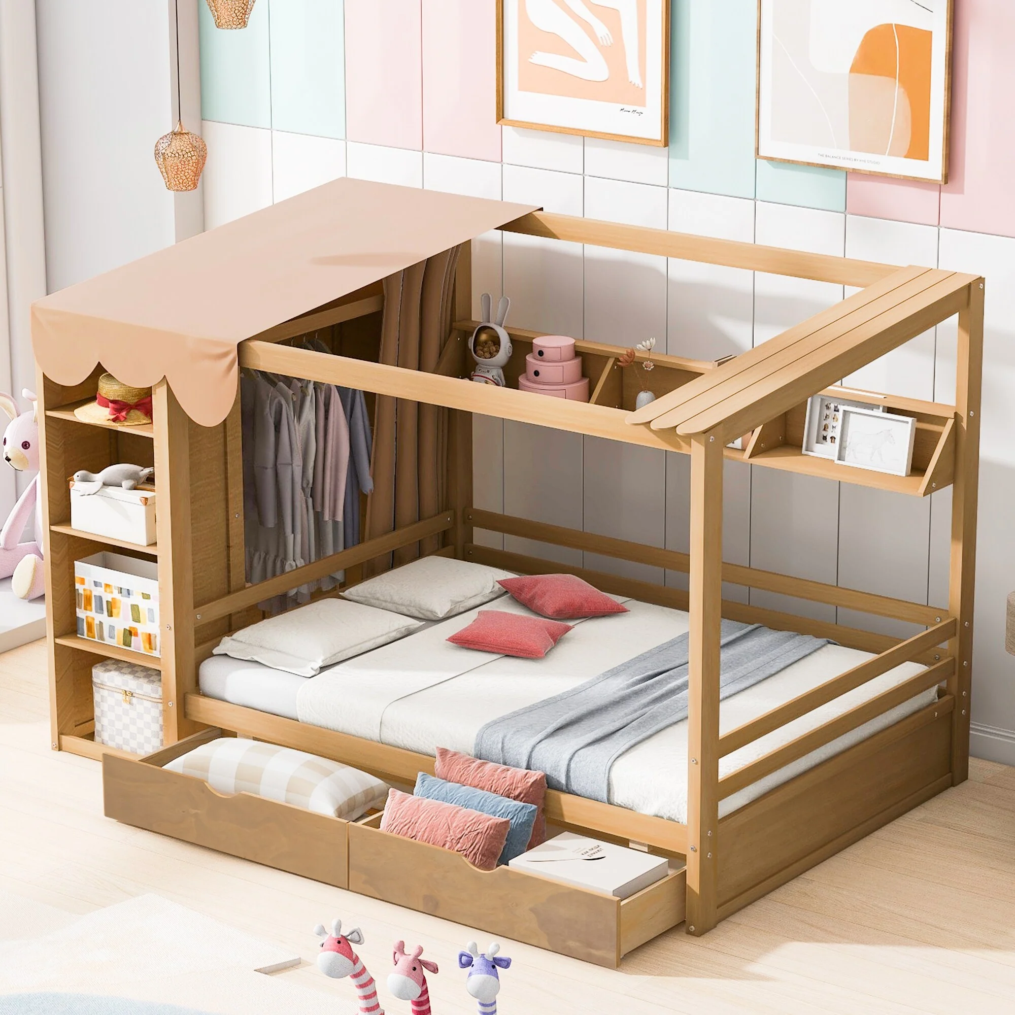 Full Size Solid Wood House Bed with Two Drawers and Wardrobe for Kids