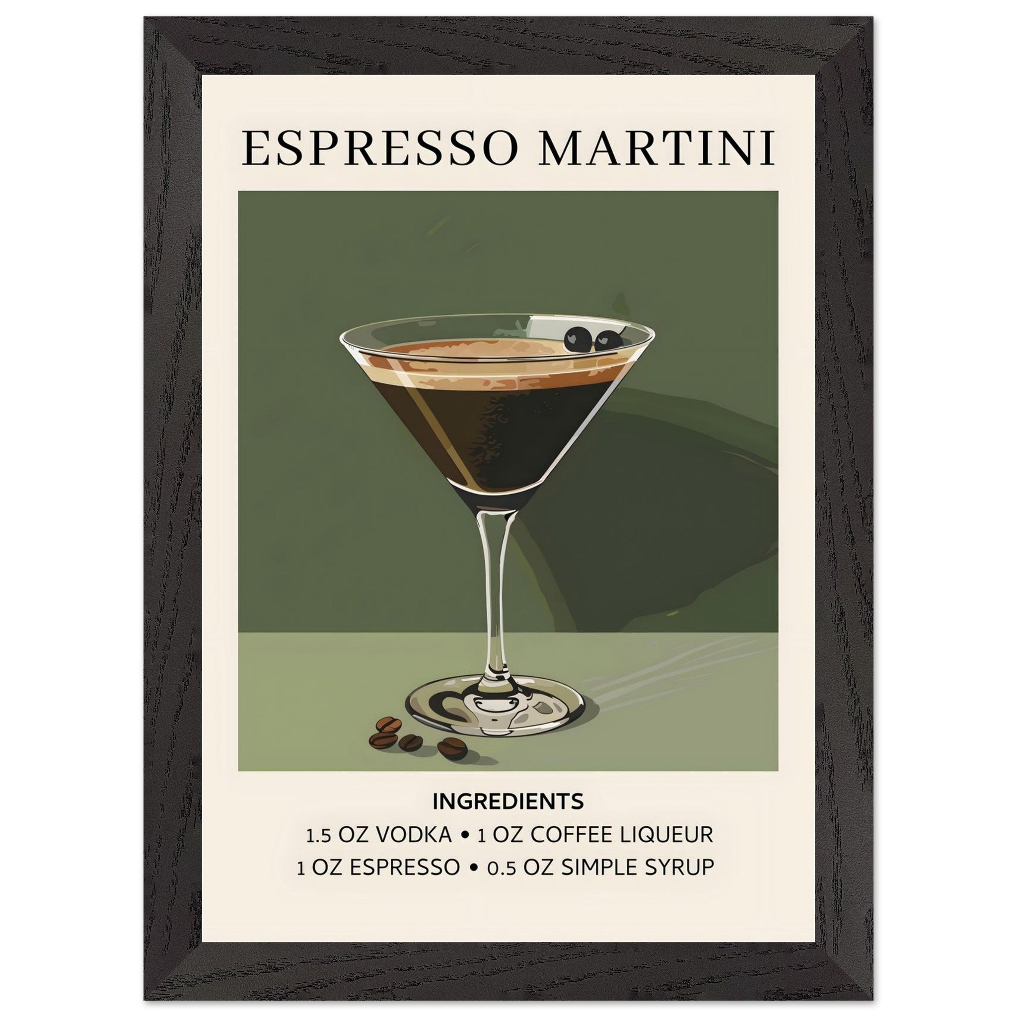 Artfulprints Poster met Lijst Espresso Martini cocktail - Ingrediënten  - A4 21x29.7 cm - Donkergroen