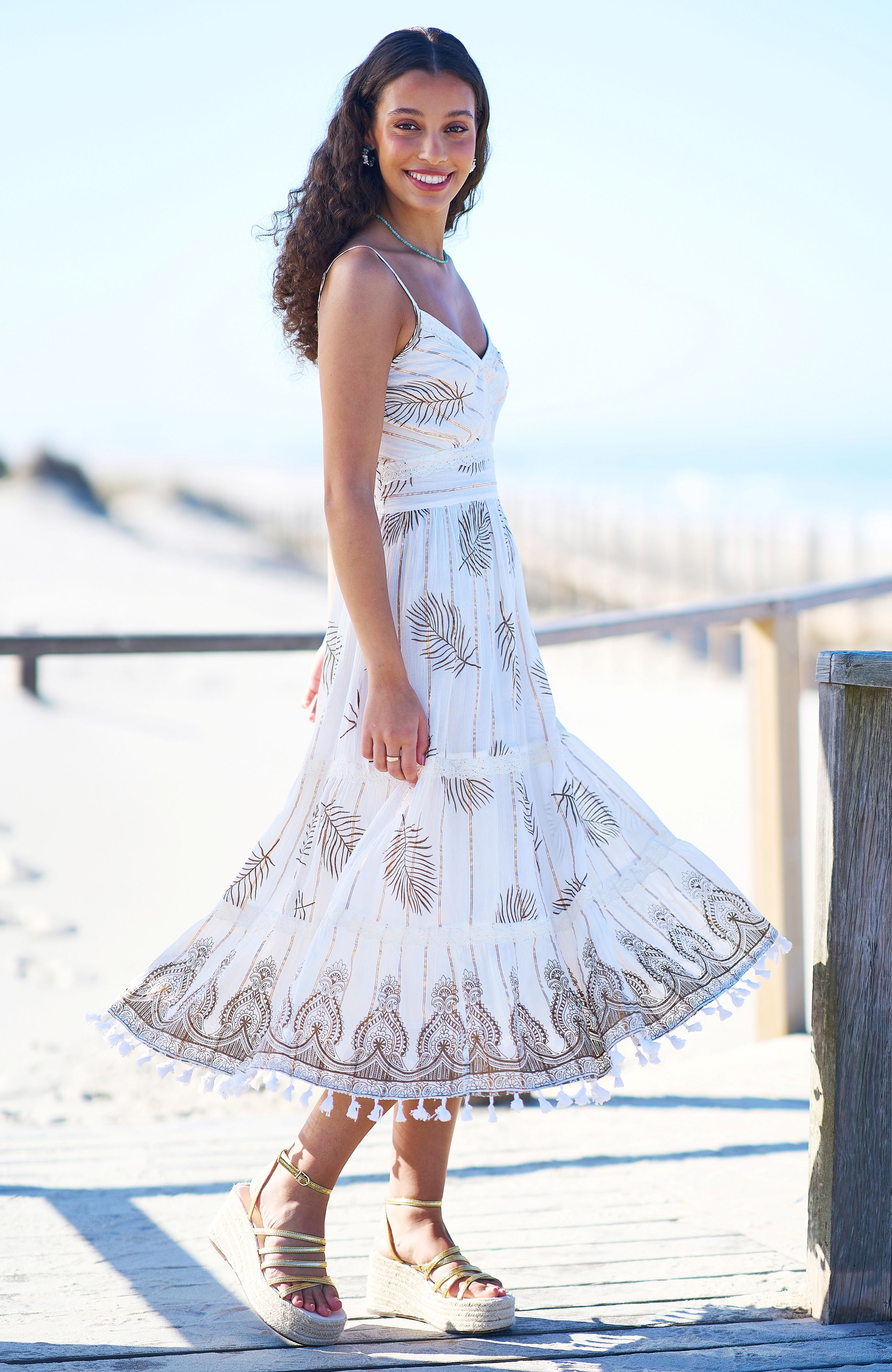 Yumi Ivory Foil Print Midi Sun Dress With Lace Trims