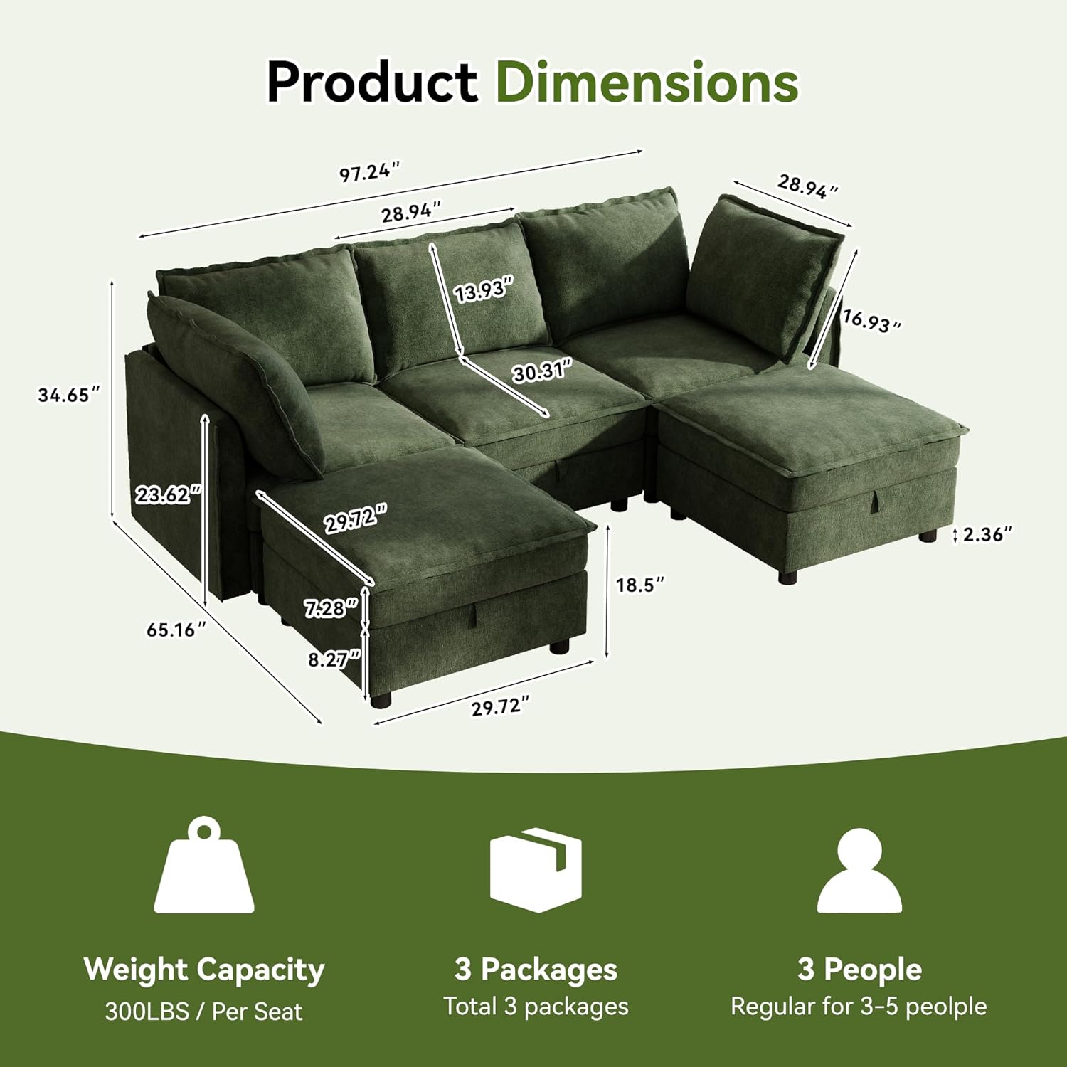 Ihanherry 97.2” Modular Sectional Sofa with Storage, U Shaped Modern Sofa for Living Room, 4-Seat Chenille Fabric Comfy Deep Seat Sofa with Movable Ottoman for Bedroom and Apartment, Green