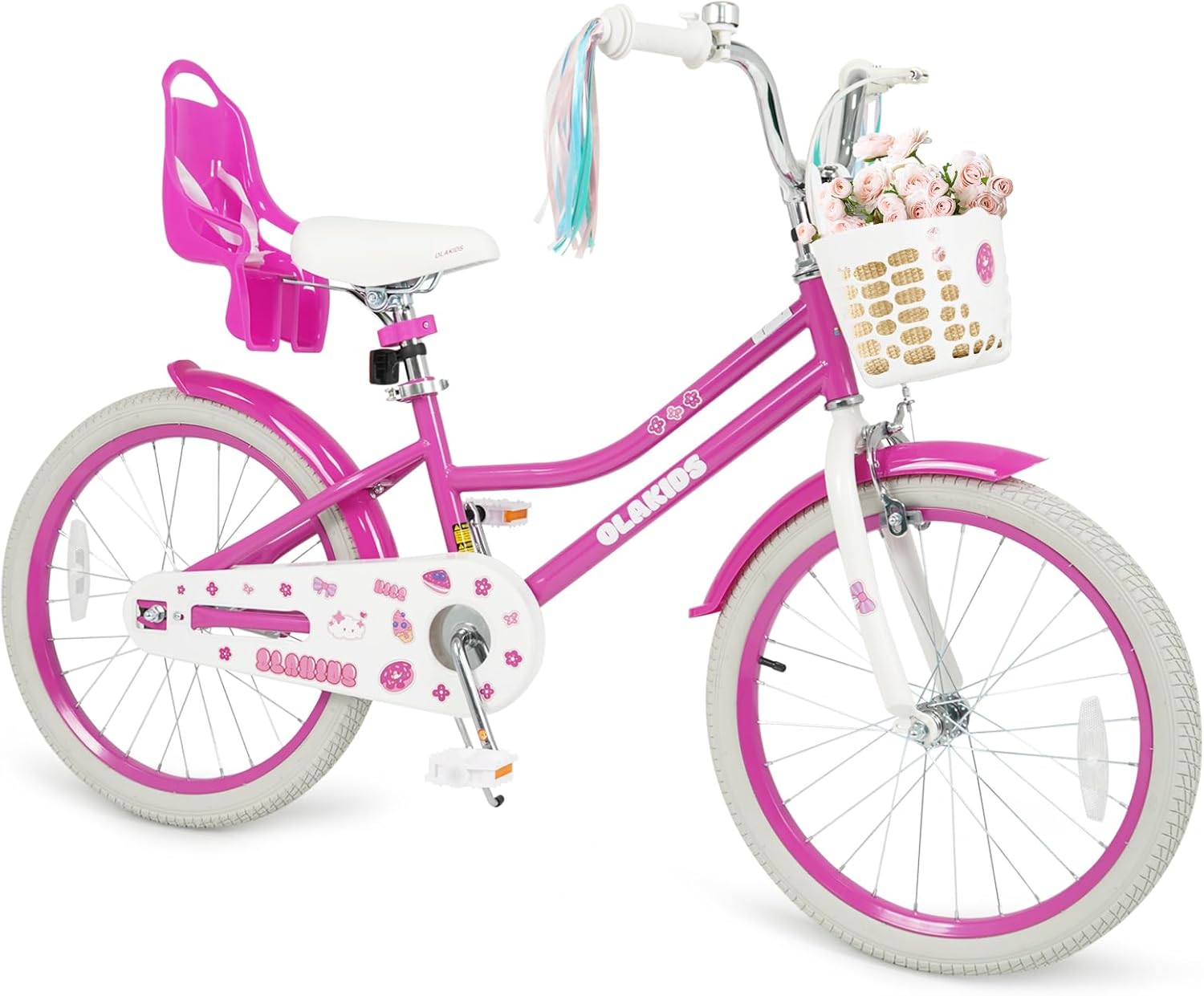 Olakids Kids Bike, 12 14 16 18 20 Inch Toddlers Bike with Doll Seat Basket Adjustable Seat and Handlebar, Handbrake and Coaster Brake, Children's Bicycle for Girls