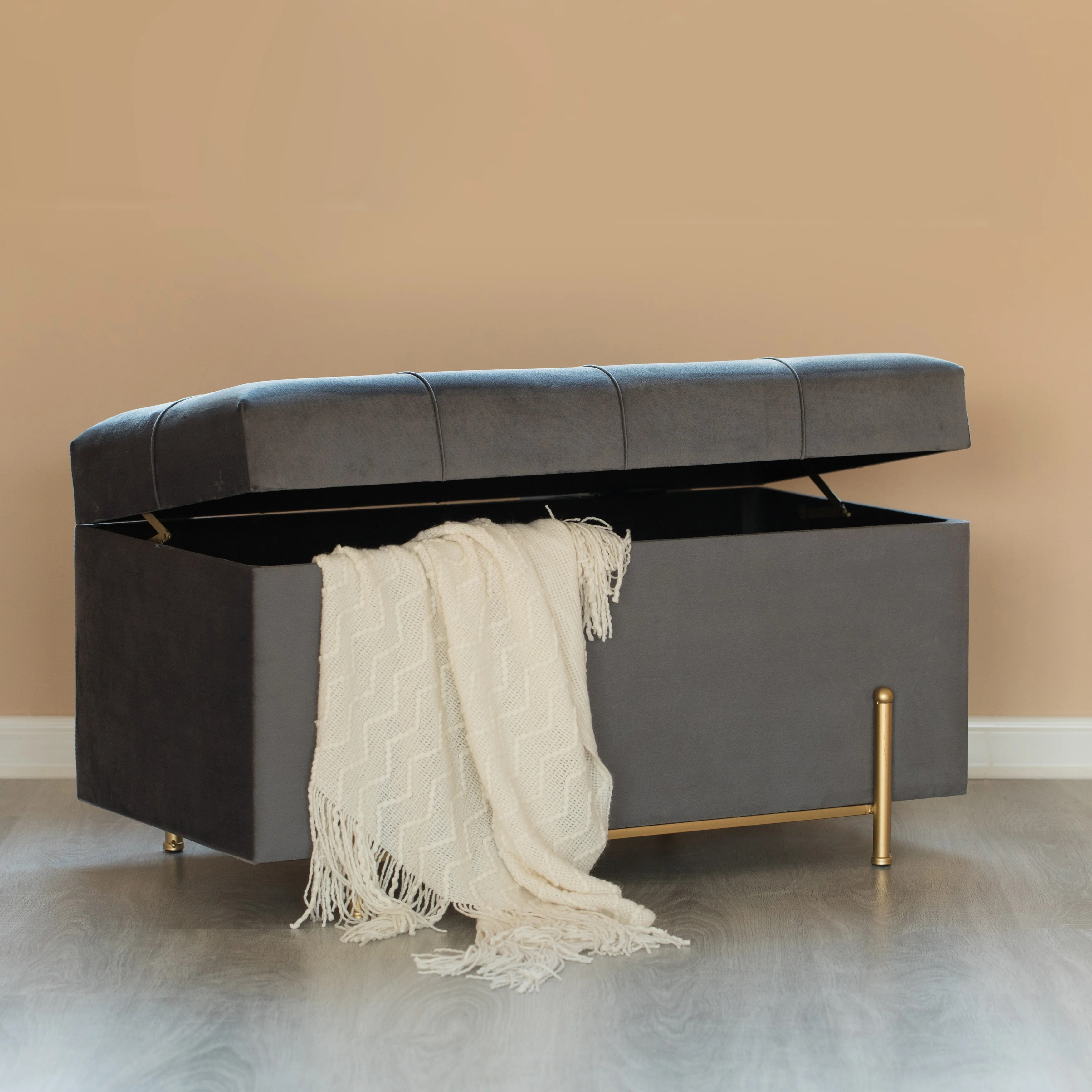 Large Rectangle Velvet Storage Ottoman Stool Box with Golden Legs | Decorative Sitting Bench