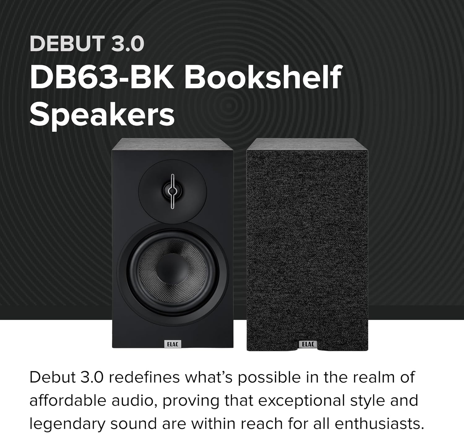 ELAC Debut 3.0 DB63-BK Bookshelf Speakers  Black Ash (Pair) - 1” Aluminum Dome Tweeter & 6.5” Aramid Fiber Woofer - 2-Way Bass Reflex - 42Hz to 38KHz Response