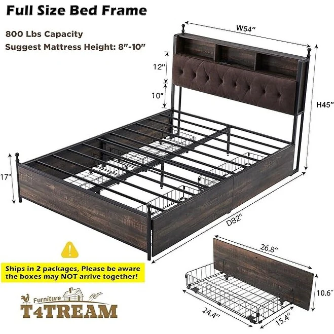 Full Size Bed Frame with LED Lights, Charging Station and 4 Drawers