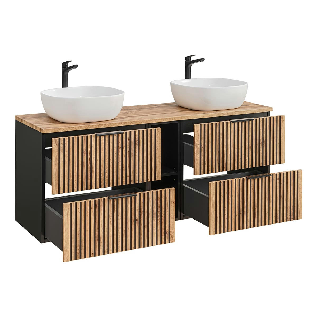 - Meuble double vasque 140cm 2 niches naturel et noir