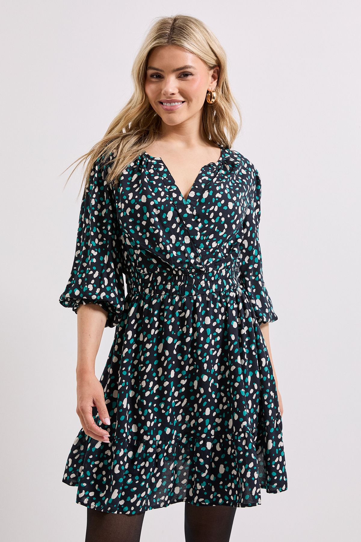 Dorothy Perkins Black Abstract Wrap Front Blouson Sleeve Mini Dress