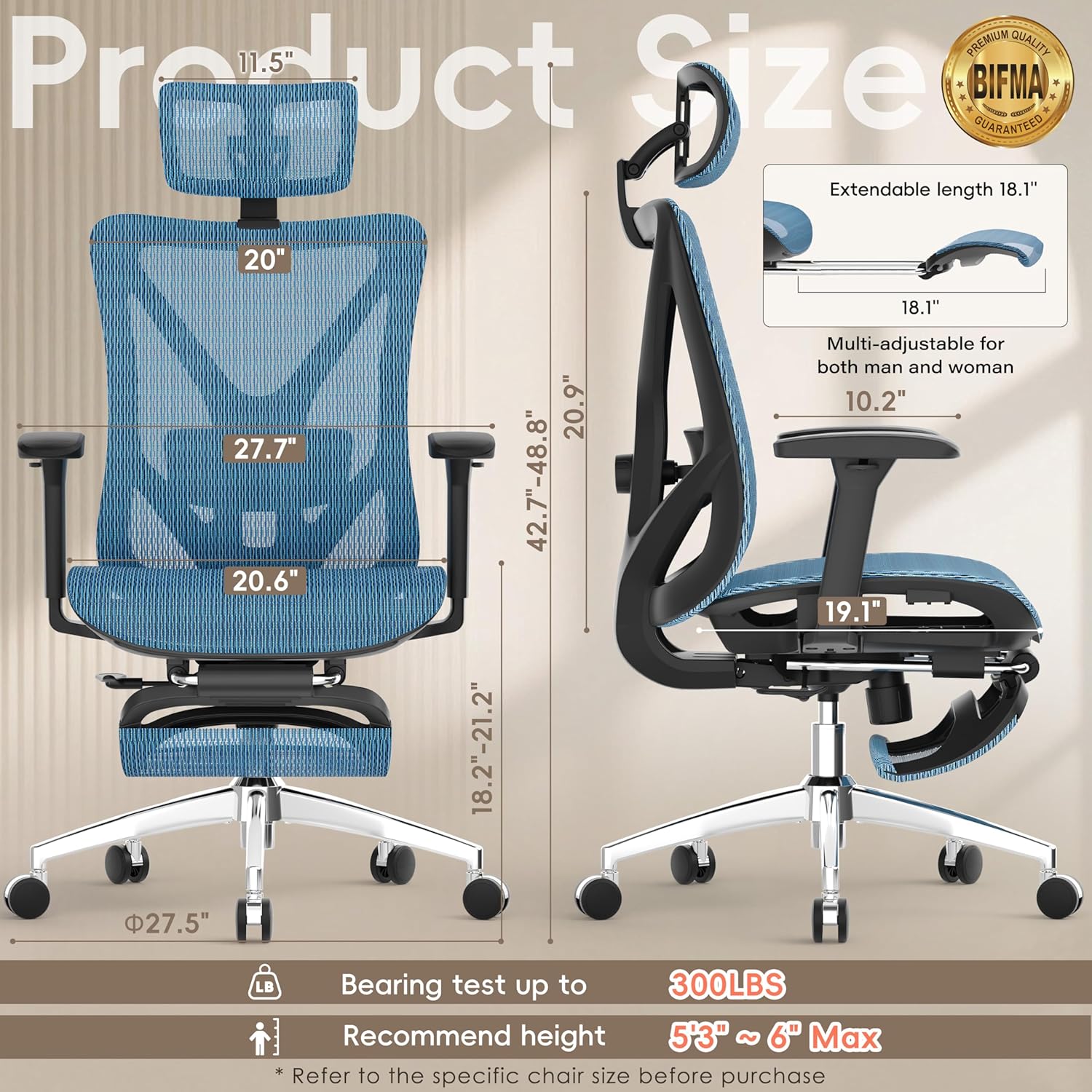 GABRYLLY Ergonomic Office Chair - 135° Reclining Desk Chair with Adjustable Lumbar Support, 3D Armrest, Large Headrest & Heavy Duty Steel Base, 300LBS Mesh Task Chair, Navy Blue