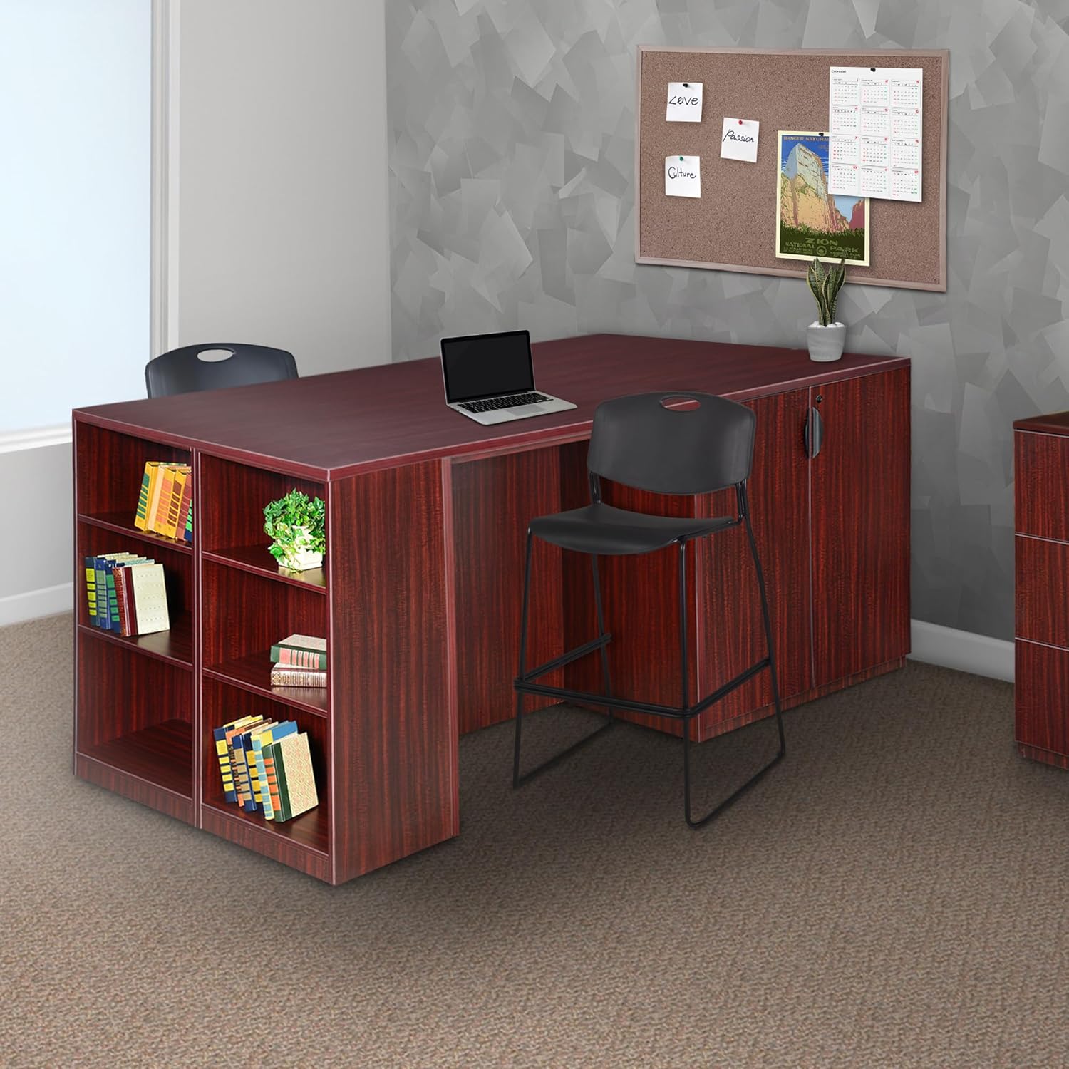Regency Legacy Stand Up 2 Storage Cabinet/ 2 Desk Quad with Bookcase End- Mahogany