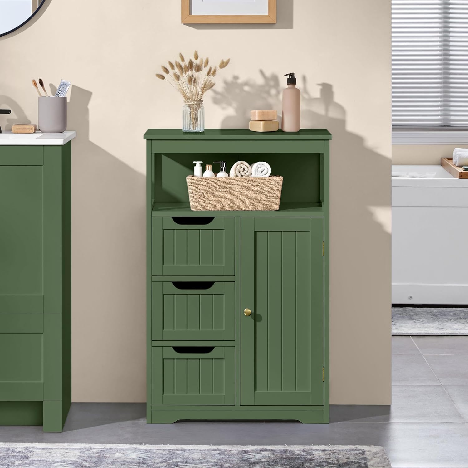 Yaheetech Bathroom Storage Cabinet, Storage Organizer with 1 Door and 3 Drawers, Adjustable Shelf, Free-Standing Floor Cabinet Cupboard for Kitchen/Living Room/Bathroom, Green