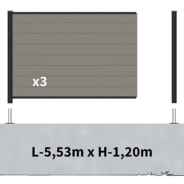 Kit Clôture Composite sur Muret RIO Platine 5,5x1,2m - Bois composite &Aluminium - Poteaux sur Platines Noir - Brise vue