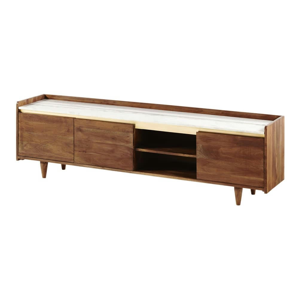 Cappuccino - Meuble TV 3 portes en acacia massif et marbre blanc