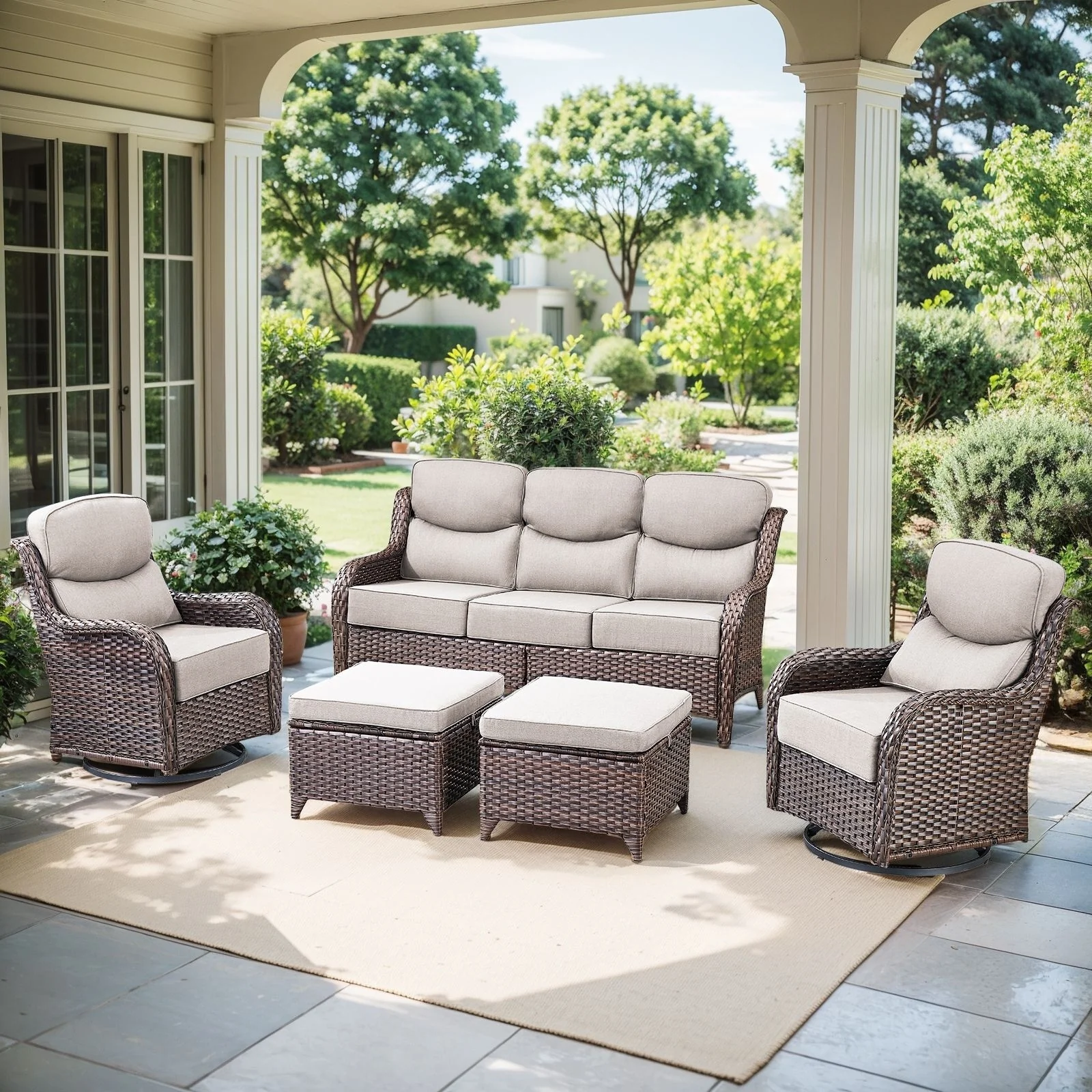 Outdoor Patio Sofa Swivel Chair with 6-Inch Thick Cushions Set