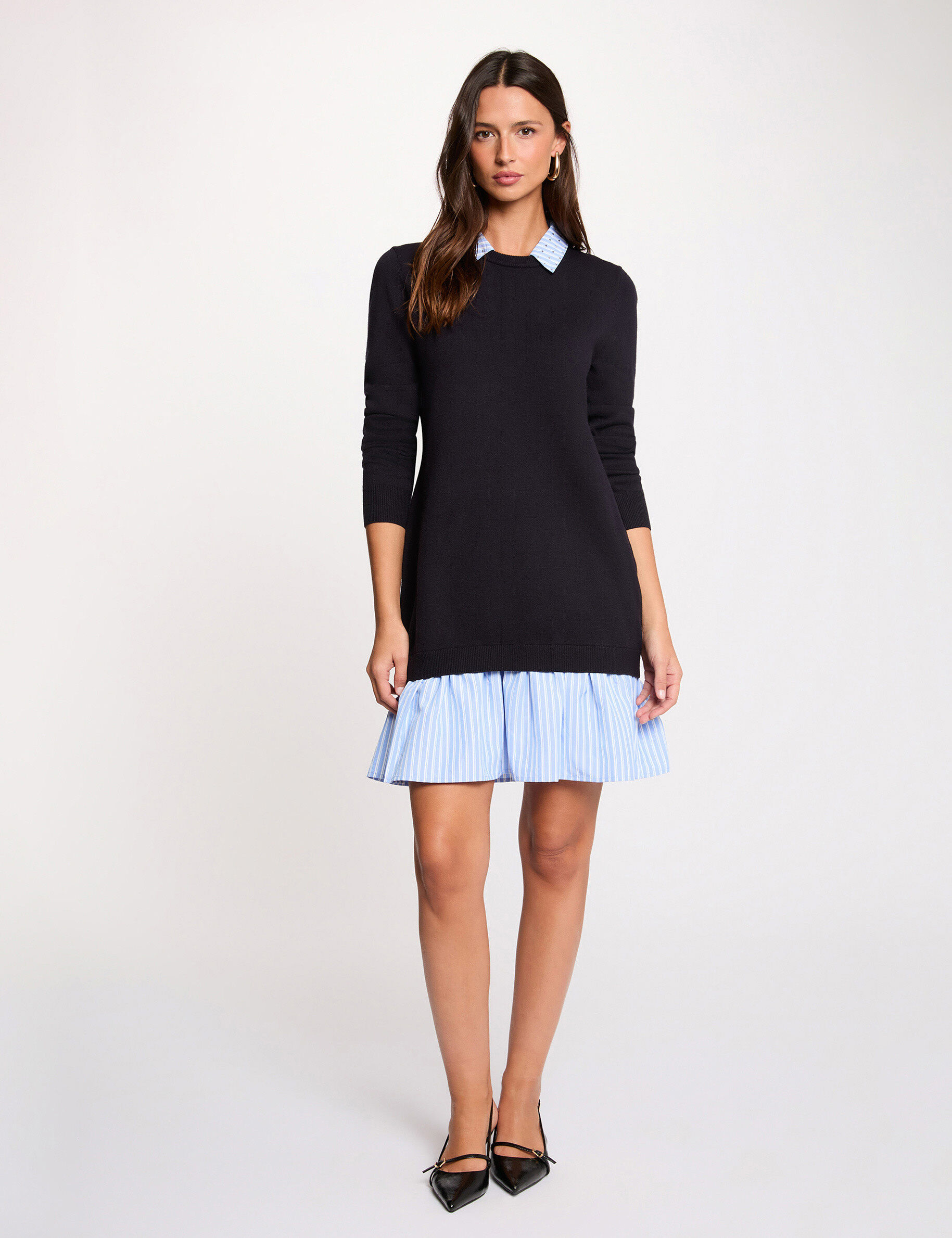 Knitted Dress With Folded Collar Navy Blue Women