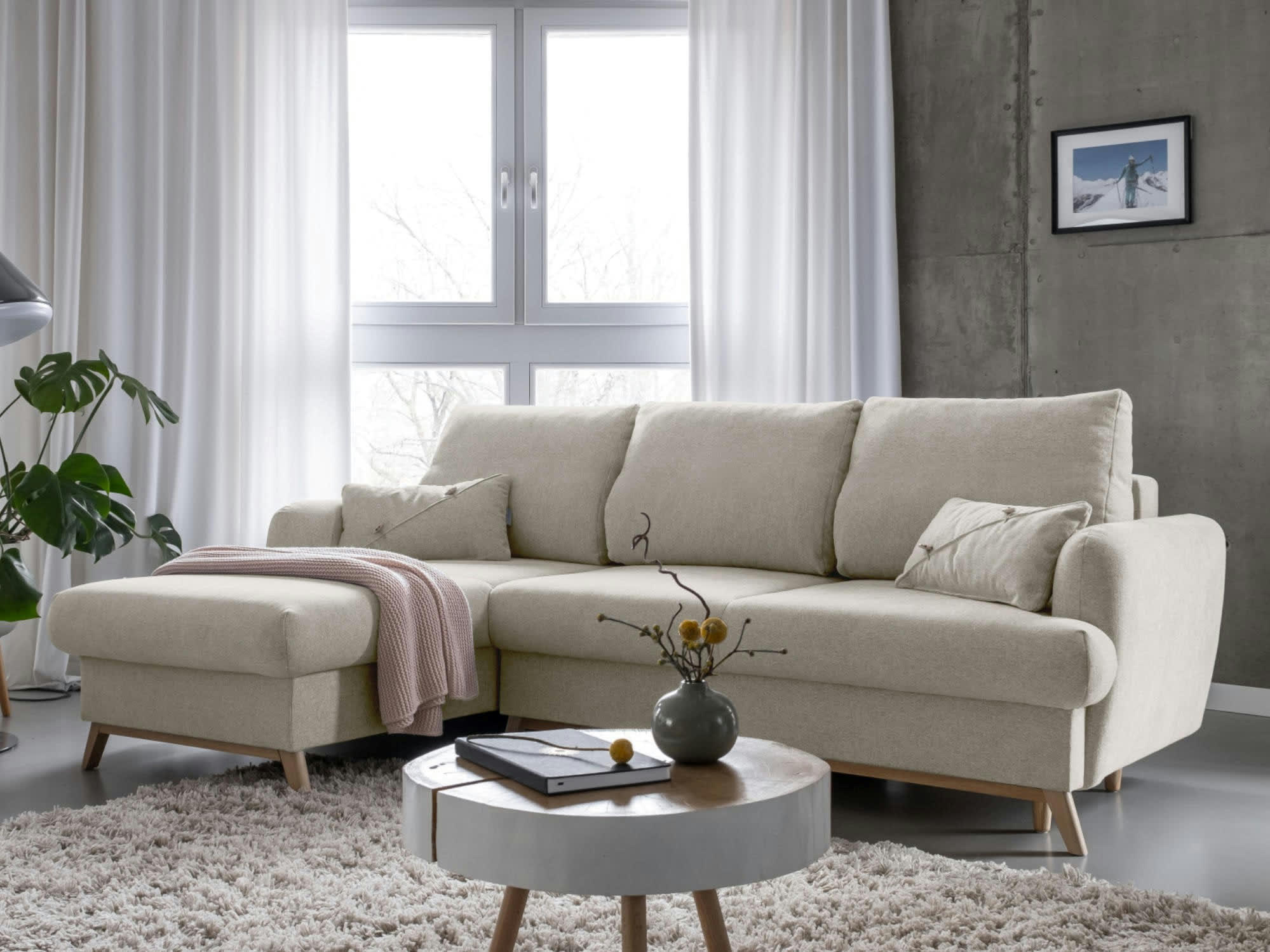 LAGOM - Canapé d'angle gauche convertible 4 places en tissu beige