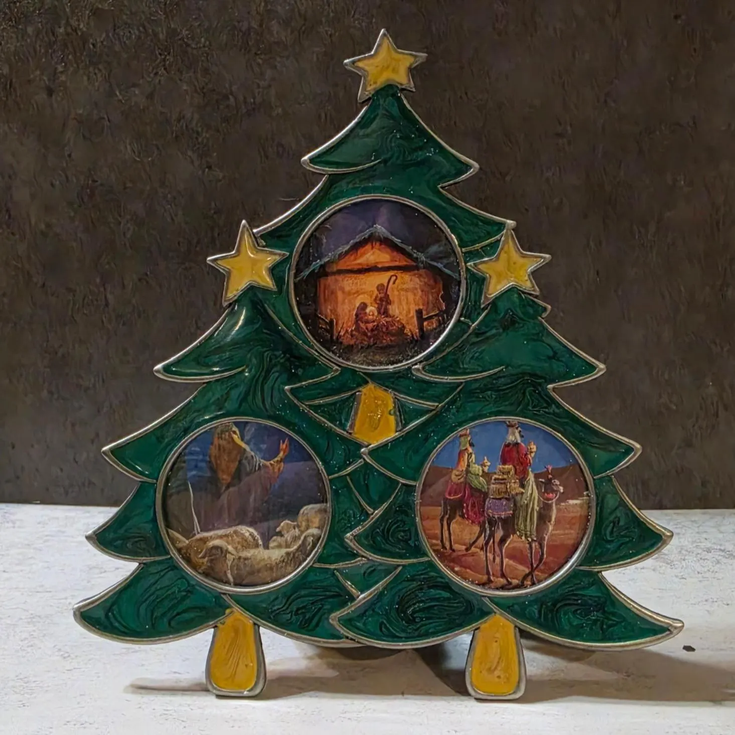 Vtg Enameled Christmas Tree Triple Photo Frame Nativity Circa 2000