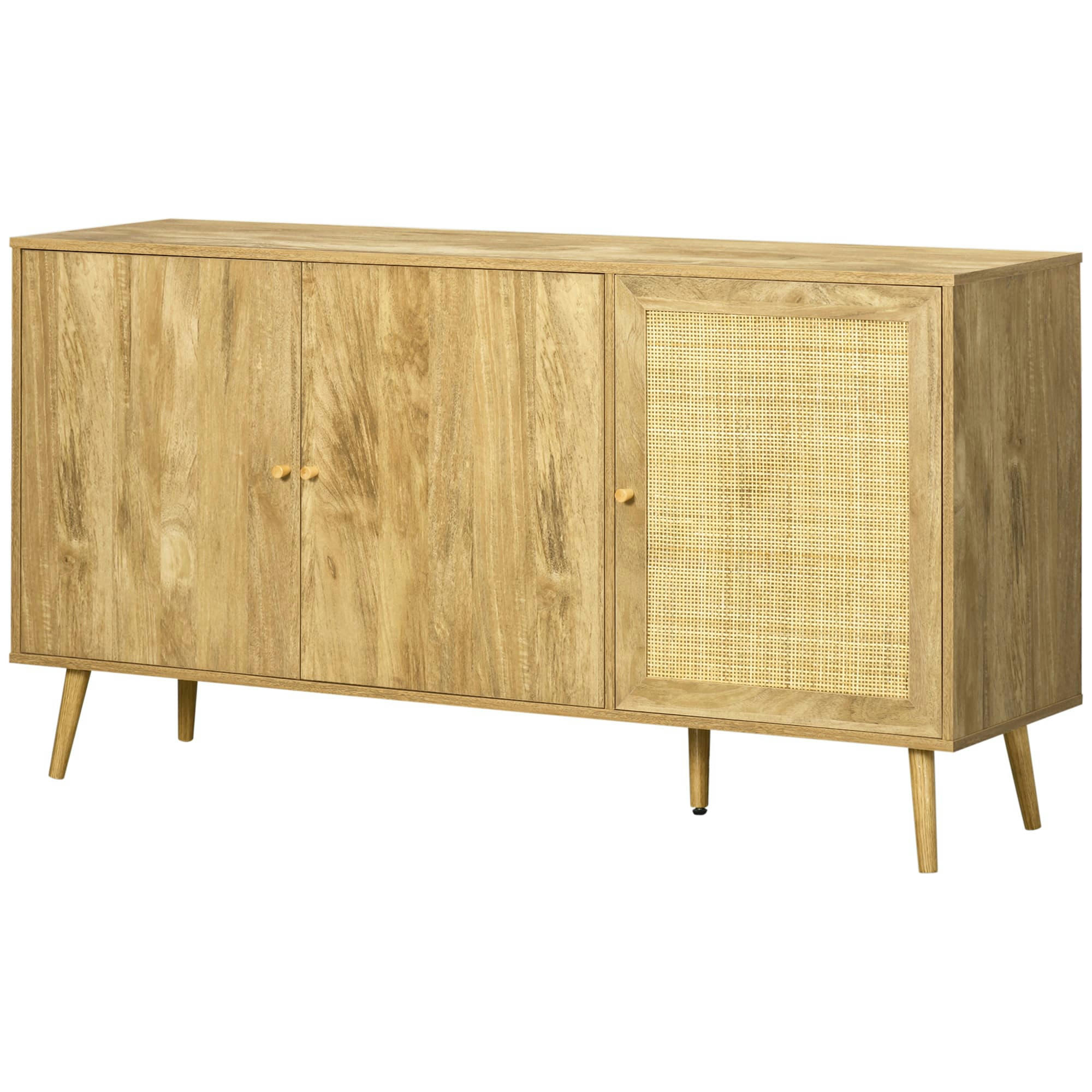 - Buffet 3 portes 3 étagères style bohème aspect bois clair cannage