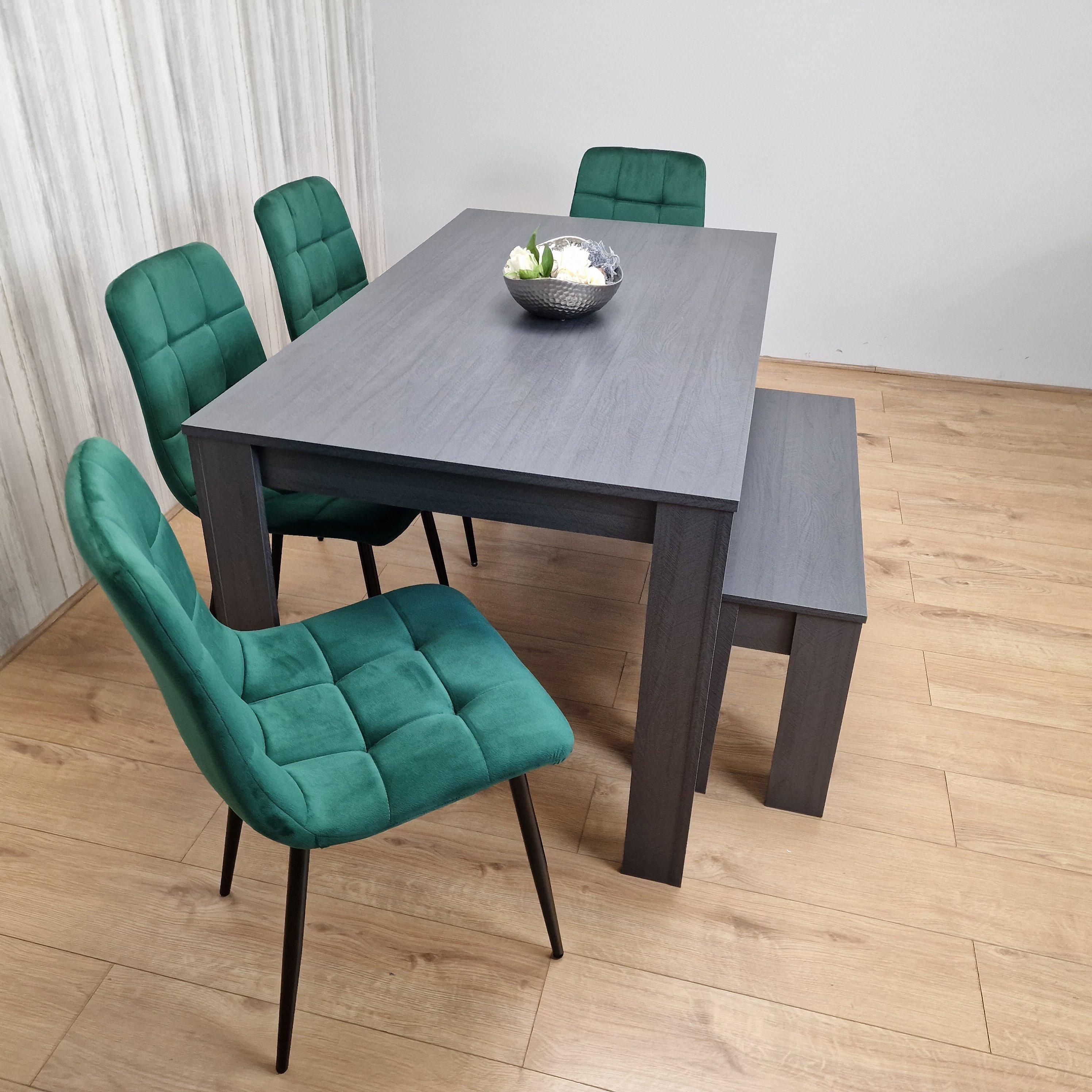 KOSY KOALA Grey Dining Table and 4 Green Velvet Tufted Chairs with 1 Bench