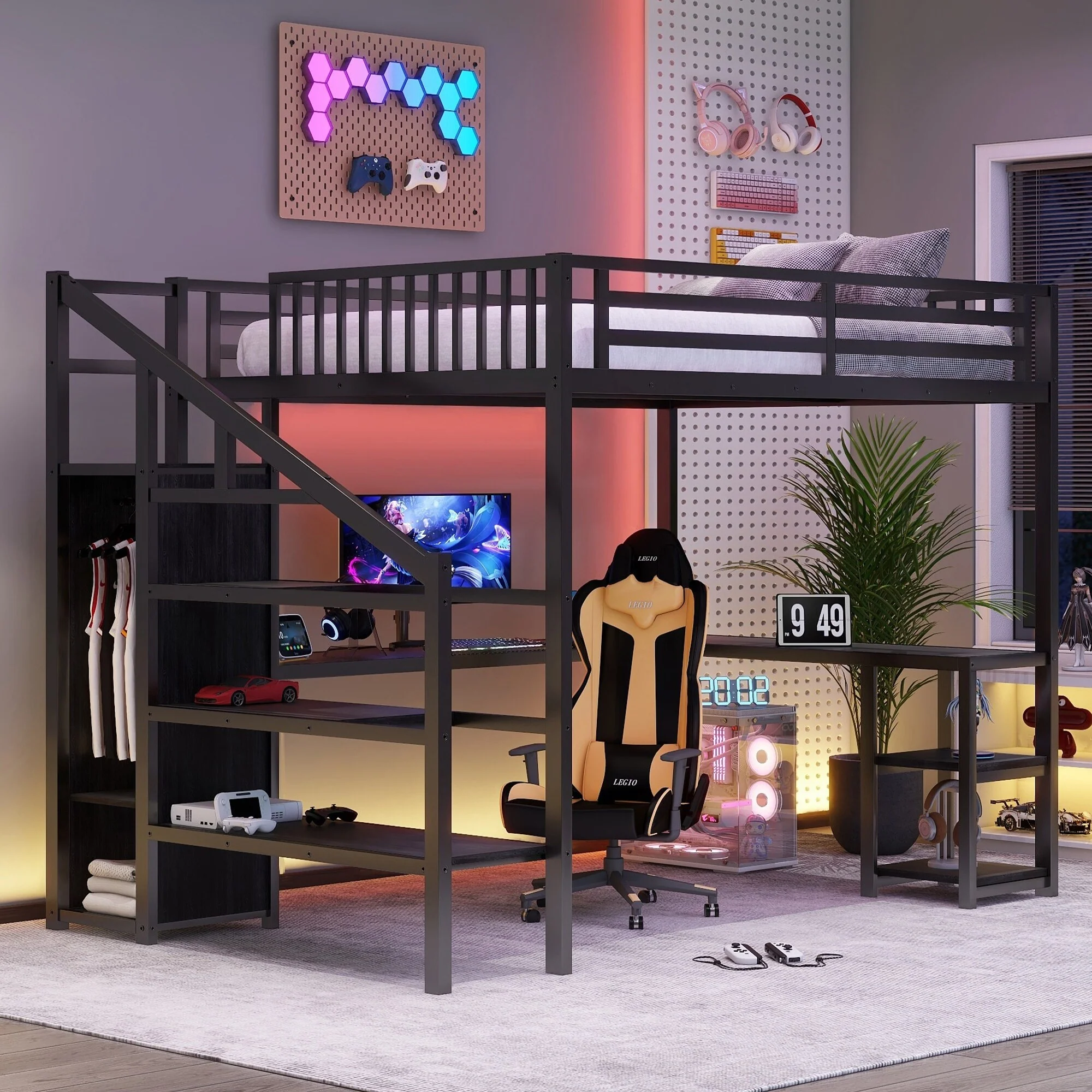 Metal Queen Loft Bed with Wardrobe and LED Light, Queen Size Loft Bed with L Shaped Desk and USB for Kids Teens Adults