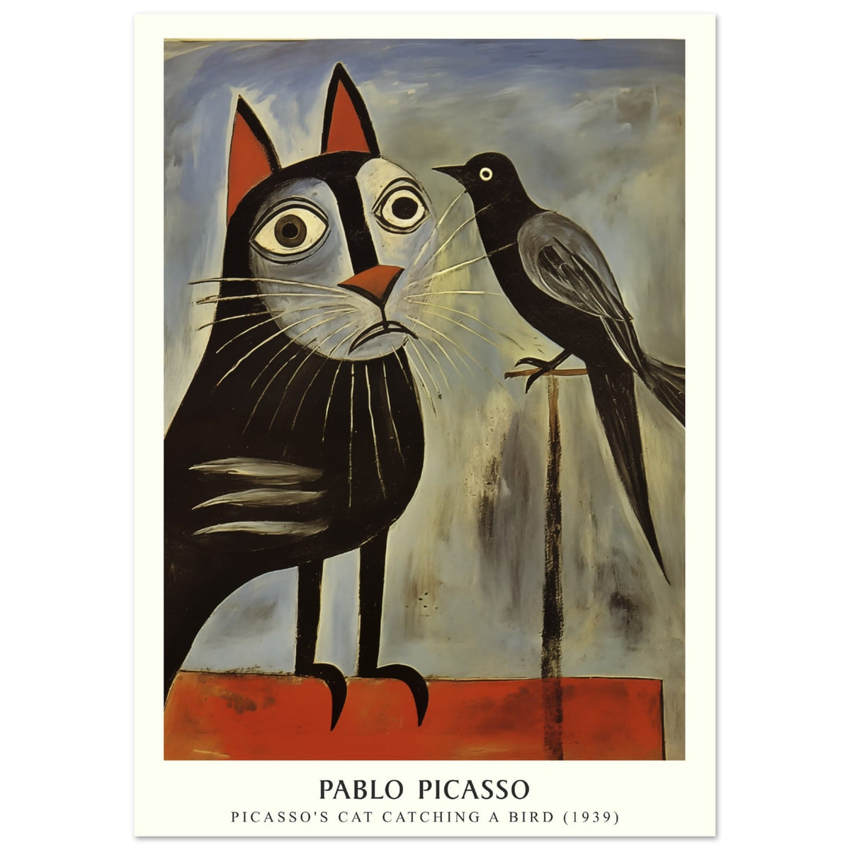 Artfulprints Poster Pablo Picasso - Picasso's cat catching a bird  - A4 21x29.7 cm - Grijs