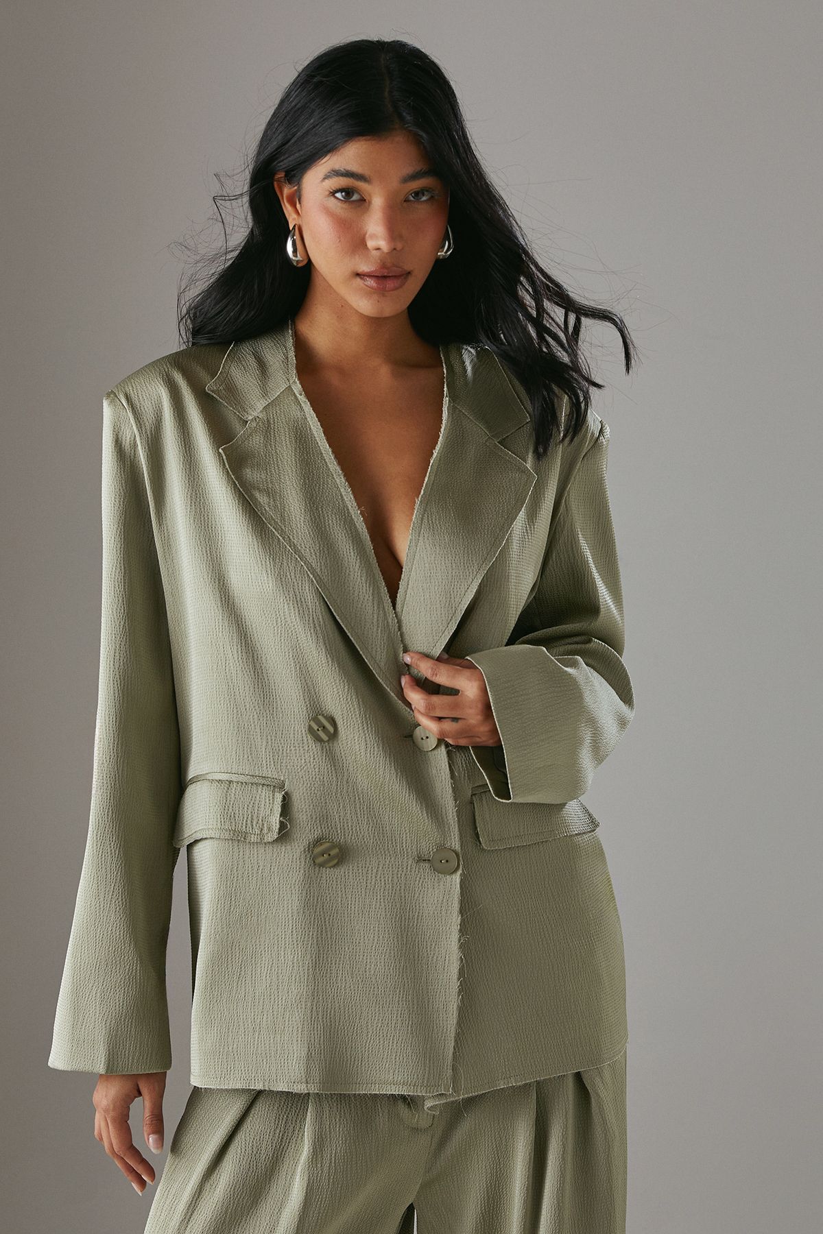 Warehouse Relaxed Satin Wide Leg Trousers with Raw Edge Waistband