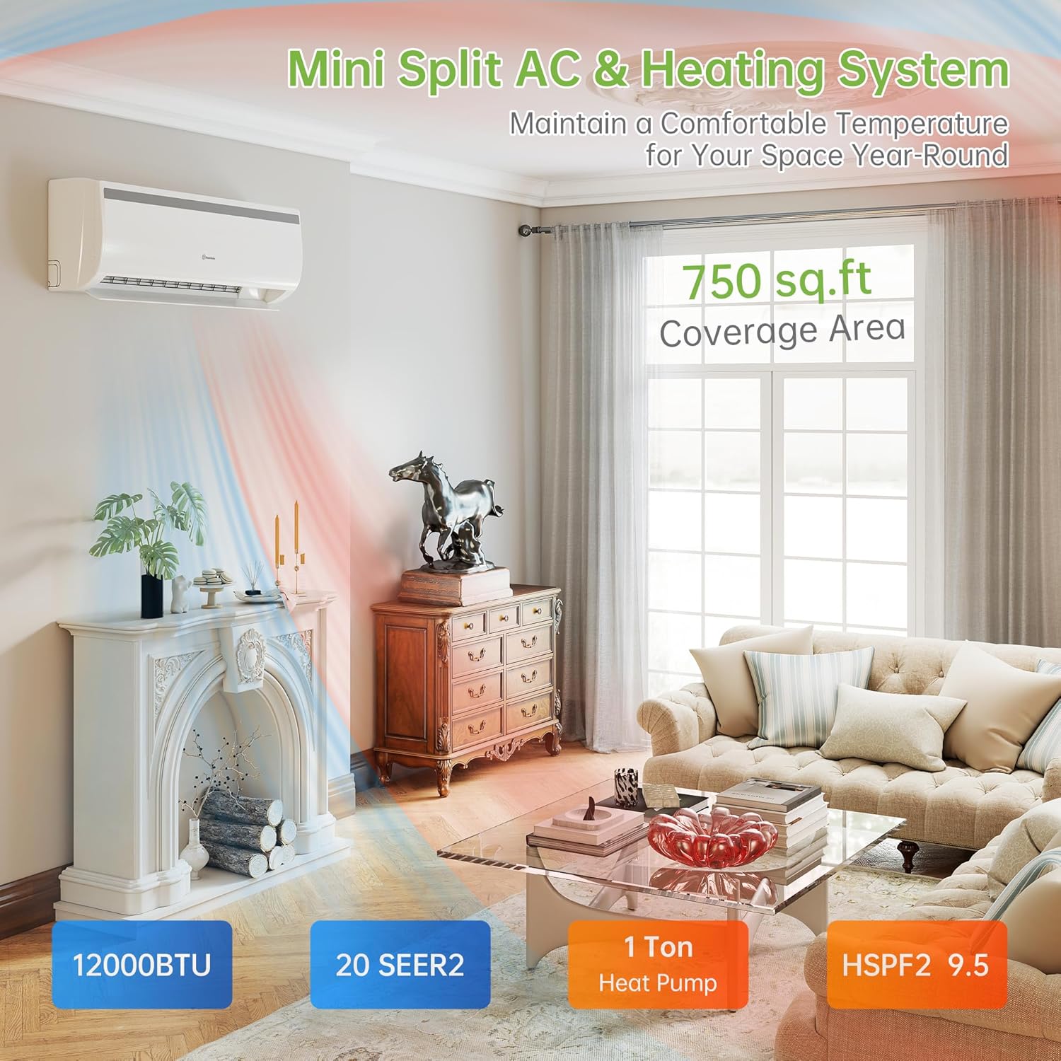 Real Relax 12000 BTU Mini Split Air Conditioner & Heater, 20 SEER2, 115V Inverter, Cools & Heats Up to 750 Sq.Ft, WiFi & Alexa Compatible, R454B Refrigerant, Included Installation Kit Ductless