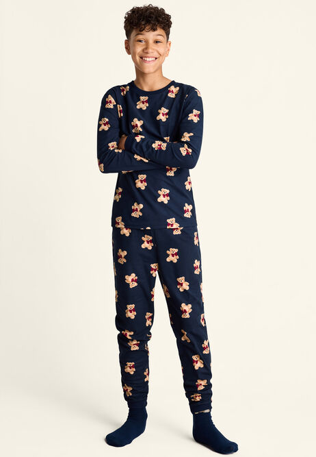 Unisex Kids Navy Teddy Print Family Pyjama