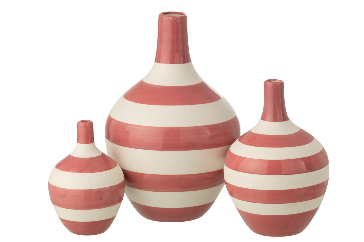 J-Line vaas Gestreept - porselein - wit/roze - set van 3