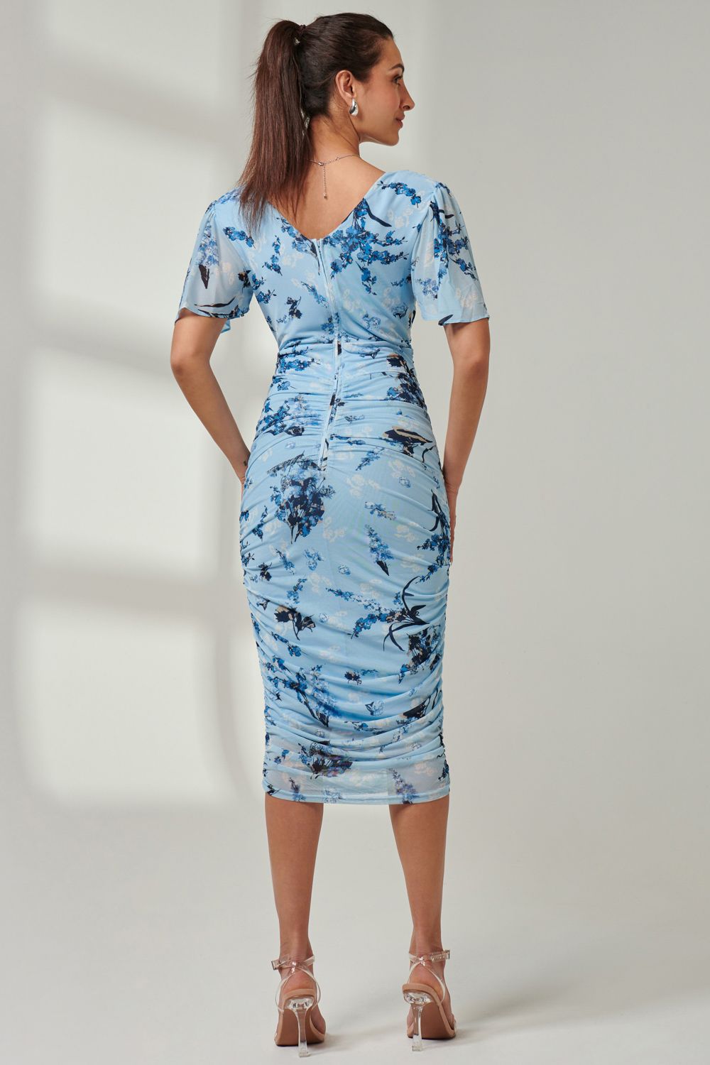 Jolie Moi Angel Sleeve Ruched Mesh Midi Dress