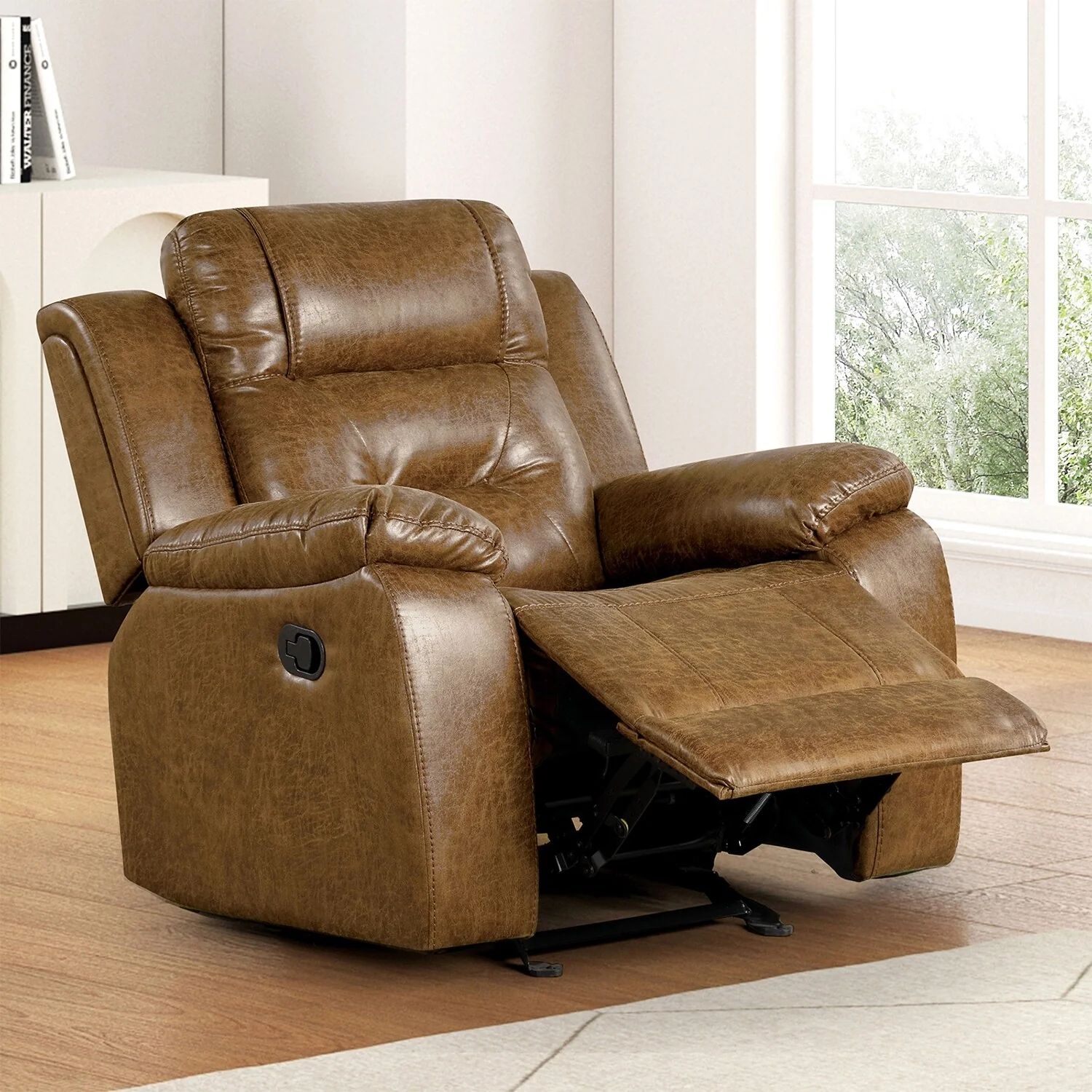 Leatherette Upholstered Manual Recliner with Pillow Top Arms in Brown