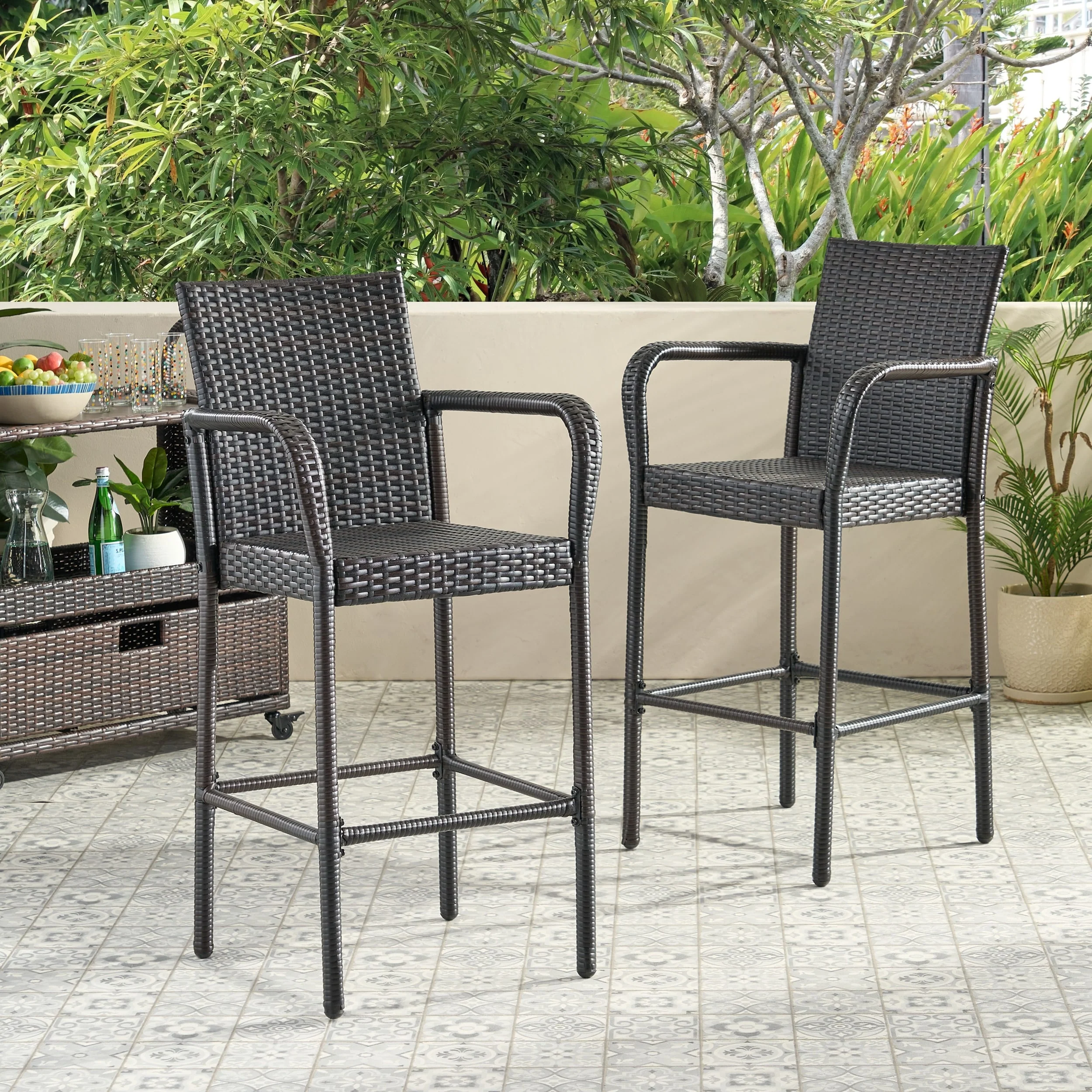 Christopher Knight Home Delfina Outdoor Wicker Barstools (Set of 2) - Modern Patio Seating - 24.80 D x 24.35 W x 46.50 H