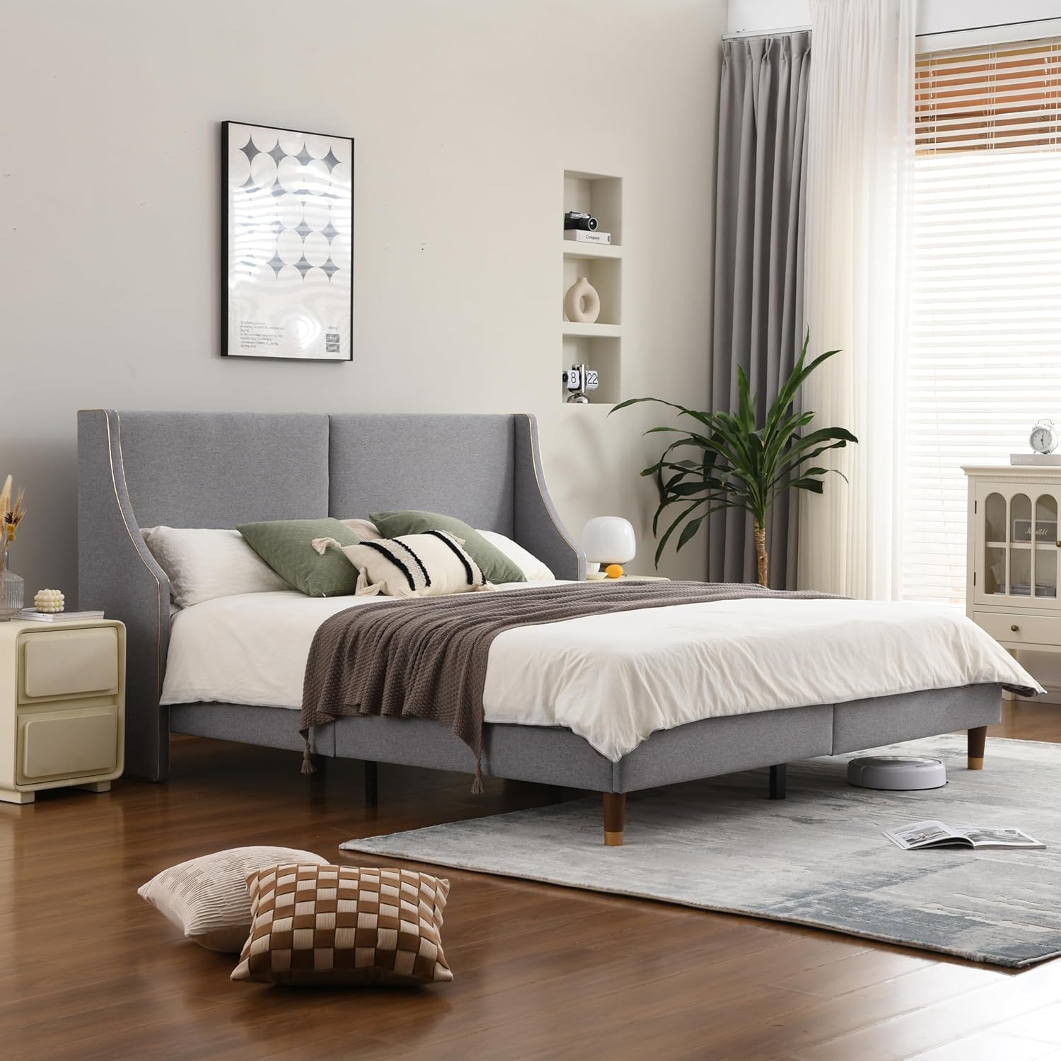King Size Upholstered Platform Bed Frame with Wingback Headboard, Linen Fabric & Wooden Slats Support, Modern Golden PVC Material Edge for Bedroom,No Box Spring Needed, Easy to Assemble, Grey