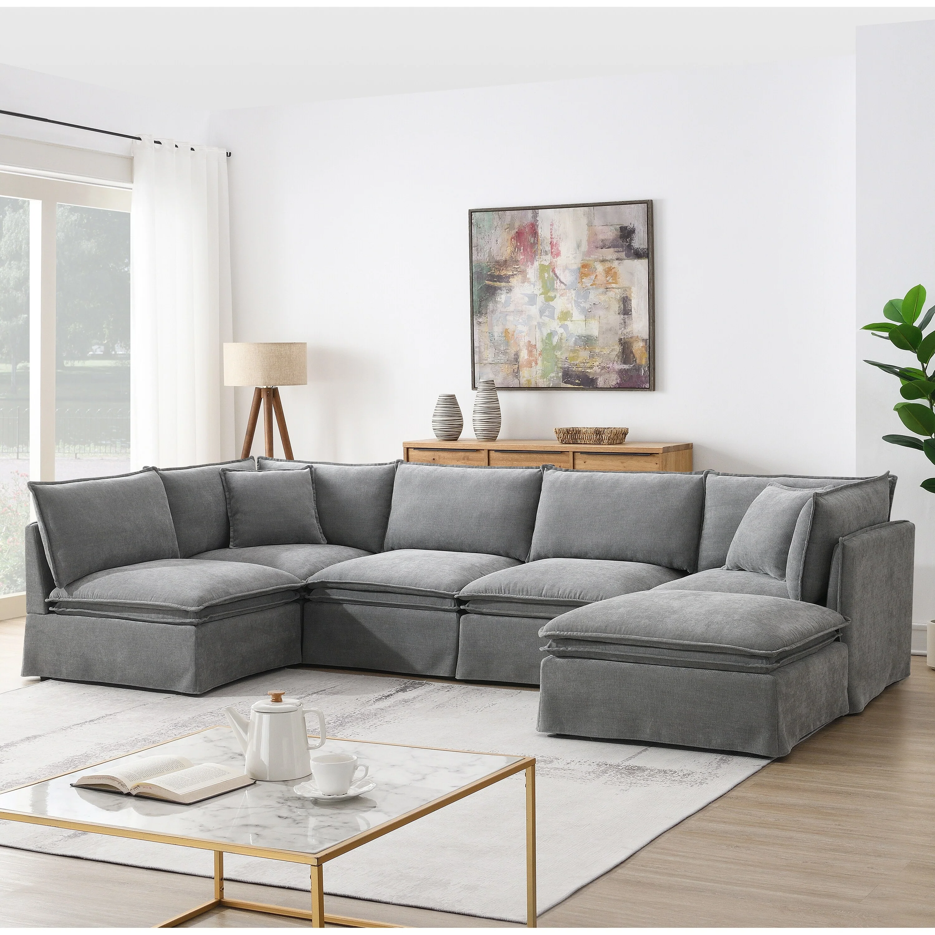 125.5'' Modular Sectional Sofa with Movable Ottoman 6-seat L Shape Oversized Chenille Sofa with 2 Pillows