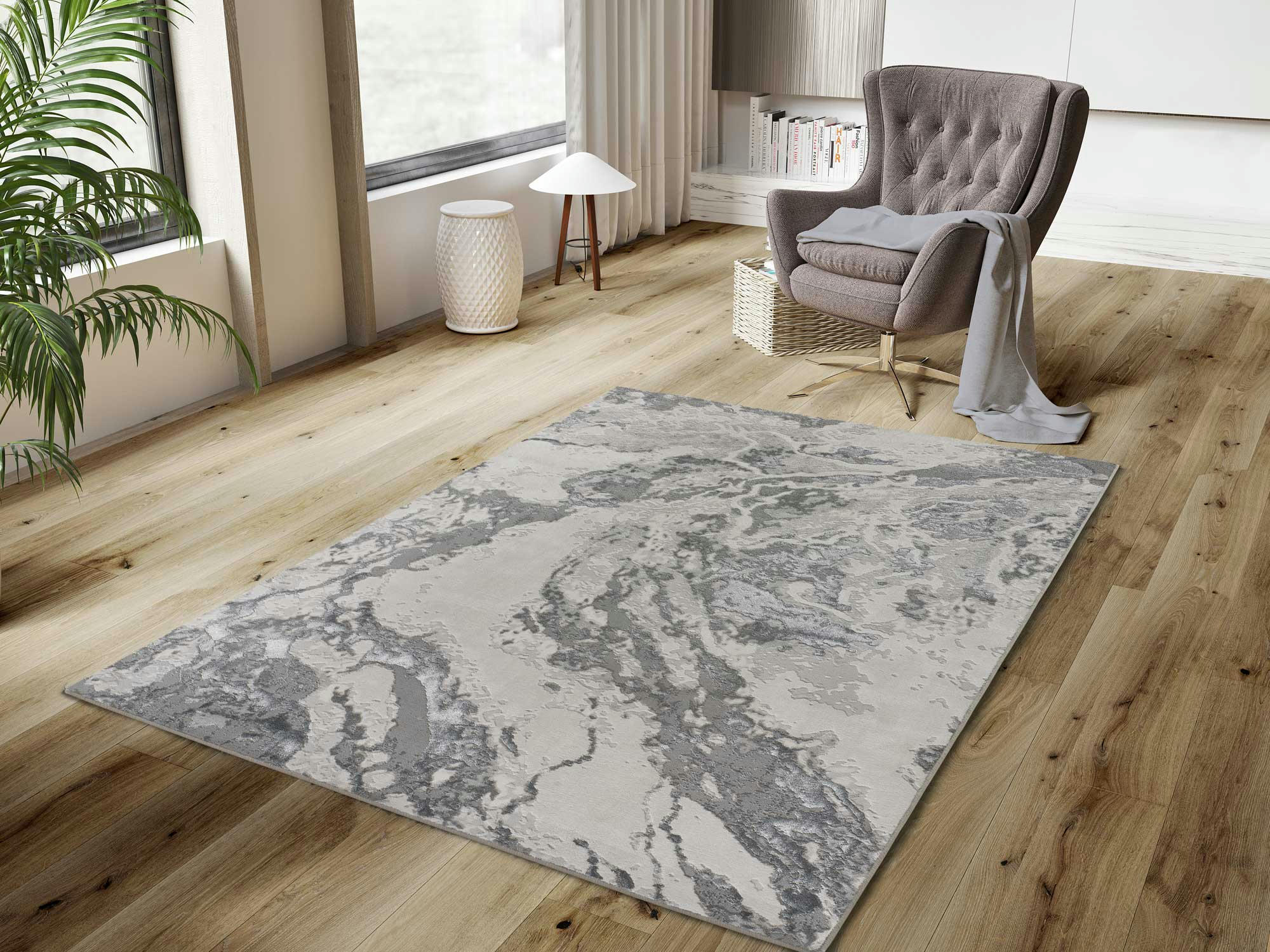 AGATA - Tapis effet marbre avec textures en gris, 80X150 cm