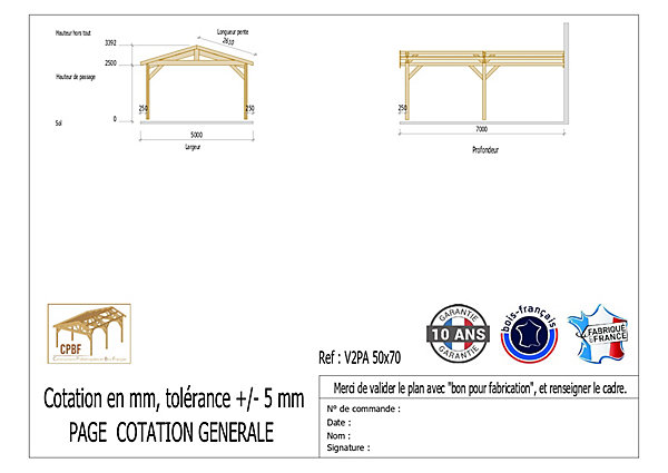 Carport adossé deux pentes 500cmx800cm bois DOUGLAS Français (Charpente en bois-auvent-abri voiture) 40m². Garantie 10 ans