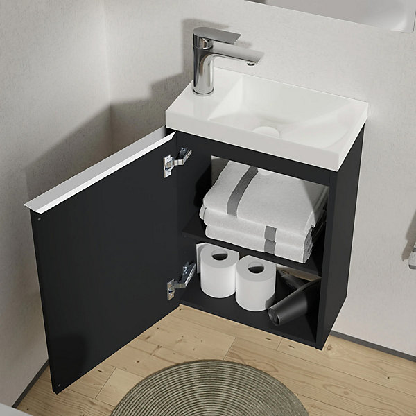 Meuble vasque suspendu MDF Noir mat, lavabos Blanc brillant   trou robinet, poignée Chrome - 40x60x22cm - LAVOA