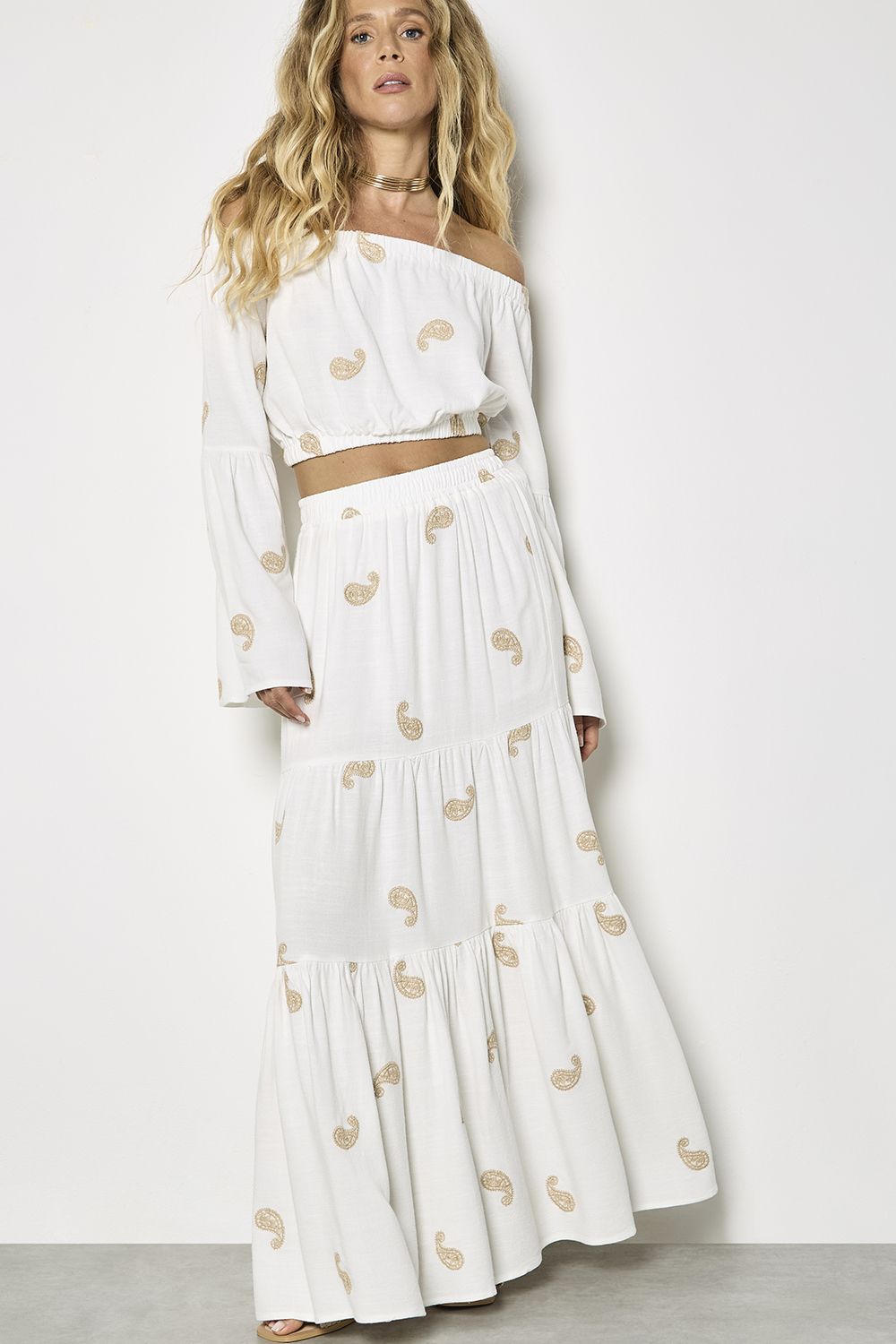 Apricot Paisley Embroidery Linen Blend Tiered Maxi Skirt
