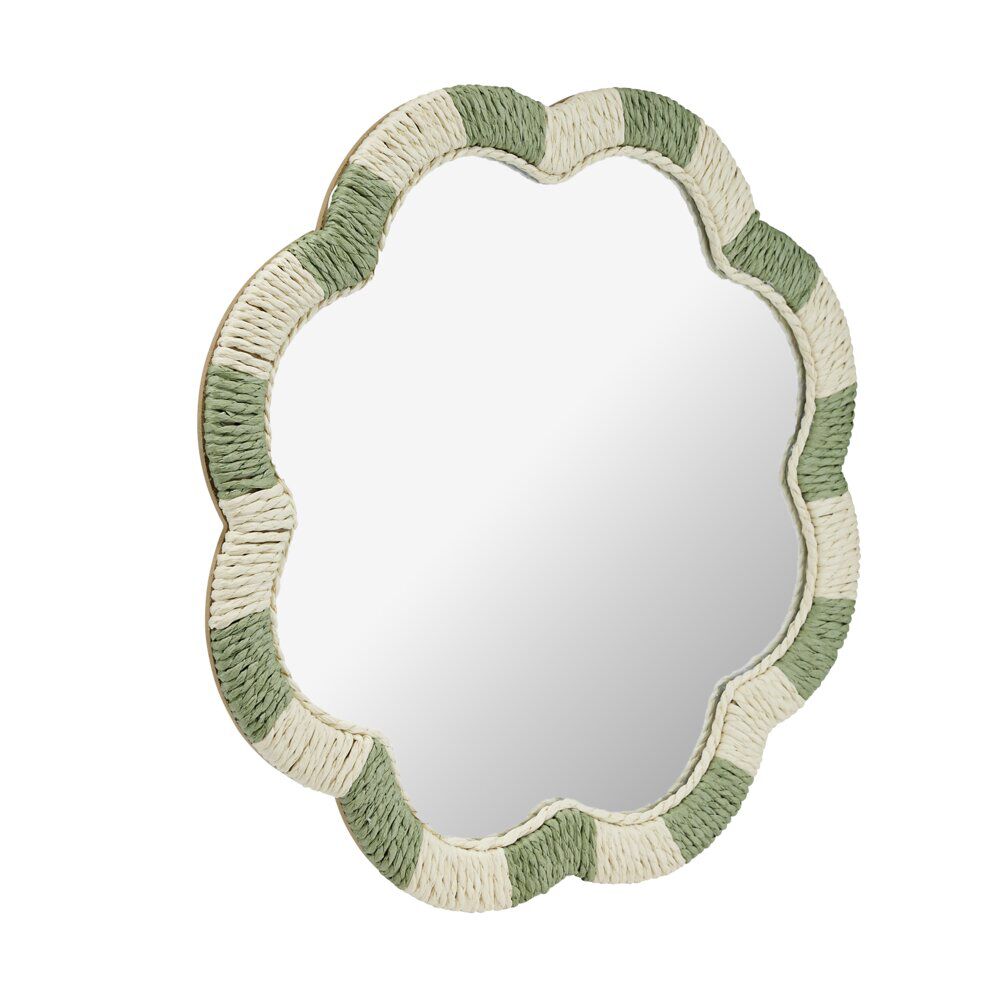 Miroir mural bord ondulé corde tressée beige et vert Ø39,5cm