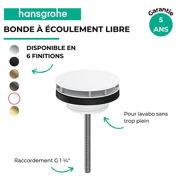 Bonde lavabo à écoulement libre HANSGROHE blanc mat