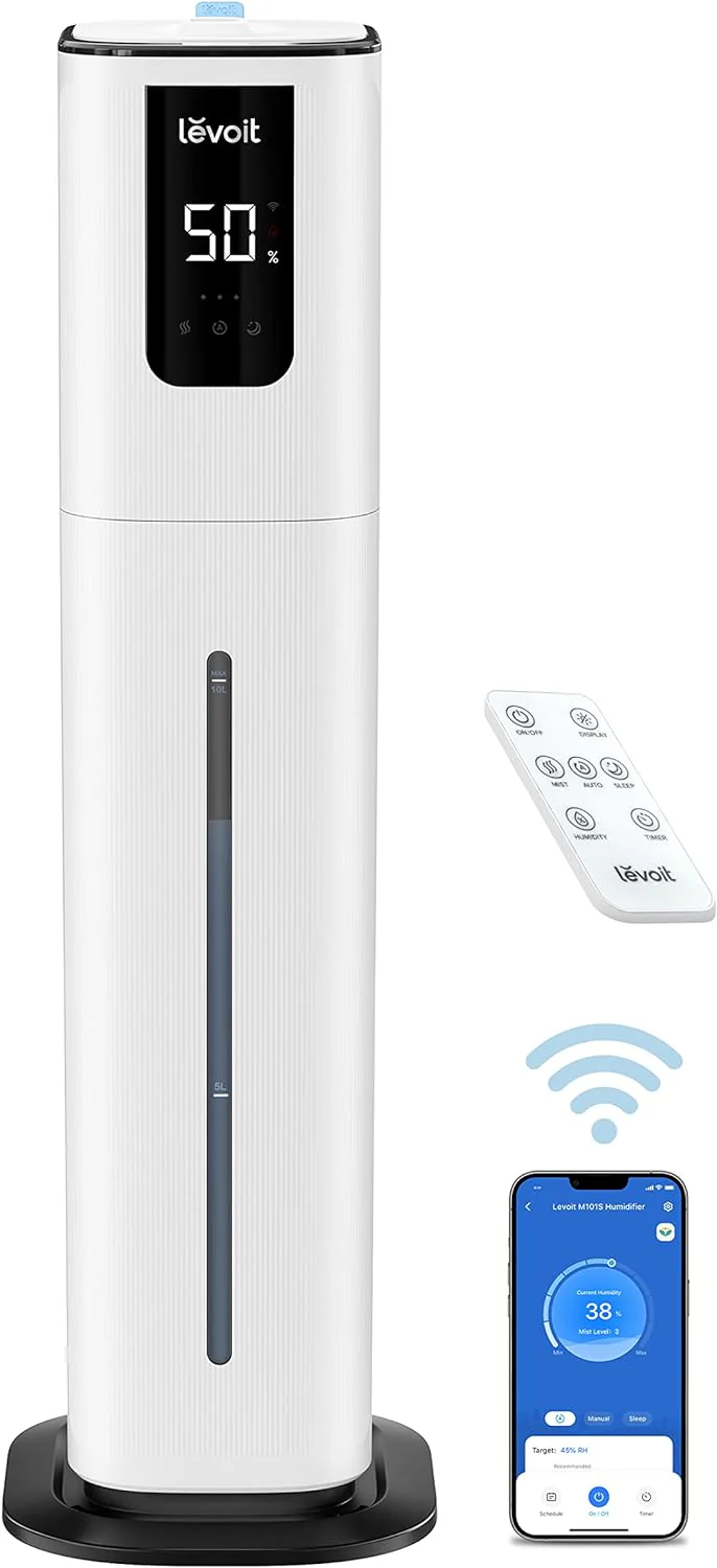 Superior 6000S Smart Evaporative Humidifiers for Home Whole House up to 3000ft2, 6 Gal, Last 72-Hour, Premium Filter, Dry Mode, Wheels  Water Fill Hose  Foldable Storage - Quiet Sleep Mode(White/6L/With Accessories)