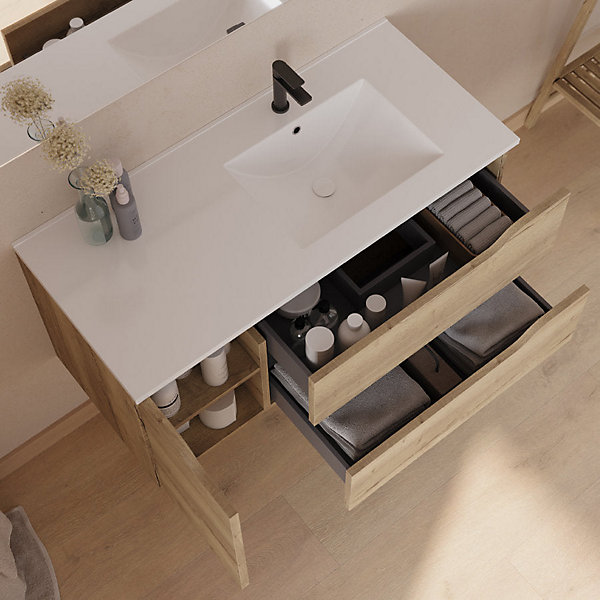 Meuble de salle de bain 100cm avec vasqueà droite - sans miroir - 2 tiroirs et 1 placard - bois - ZARZA