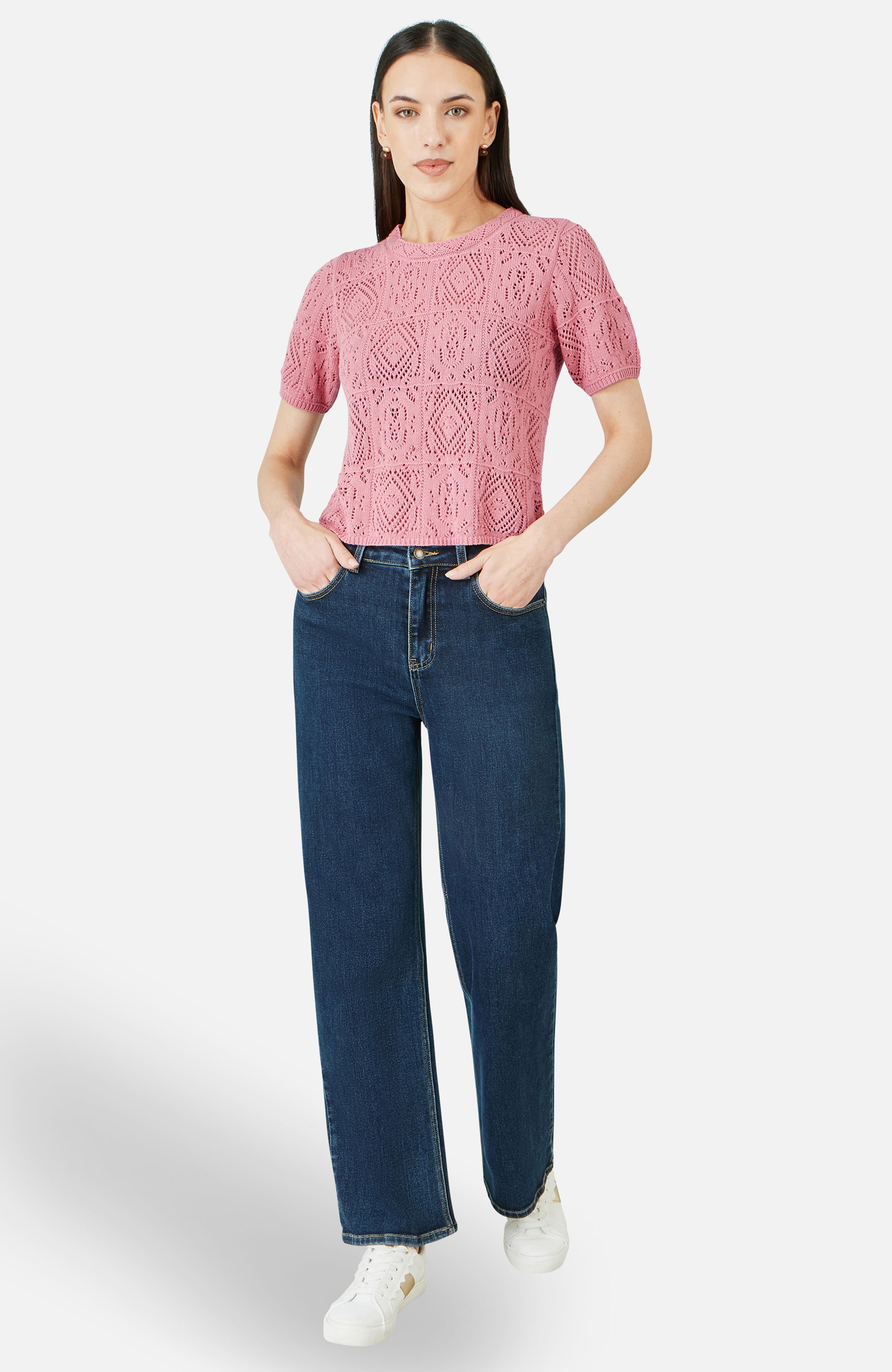 Yumi Pink Cotton Crochet Knitted Top