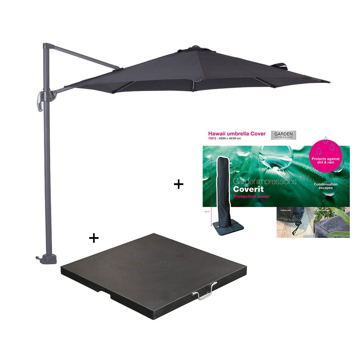 Garden Impressions zweefparasol Hawaii S zwart Ø300 cm incl 80 kg voet en hoes